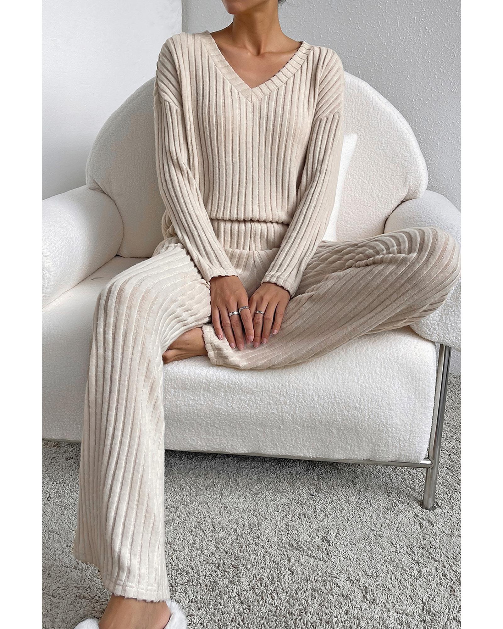 Khaki Ribbed Knit V Neck Slouchy Two-piece Outfit - S 3
