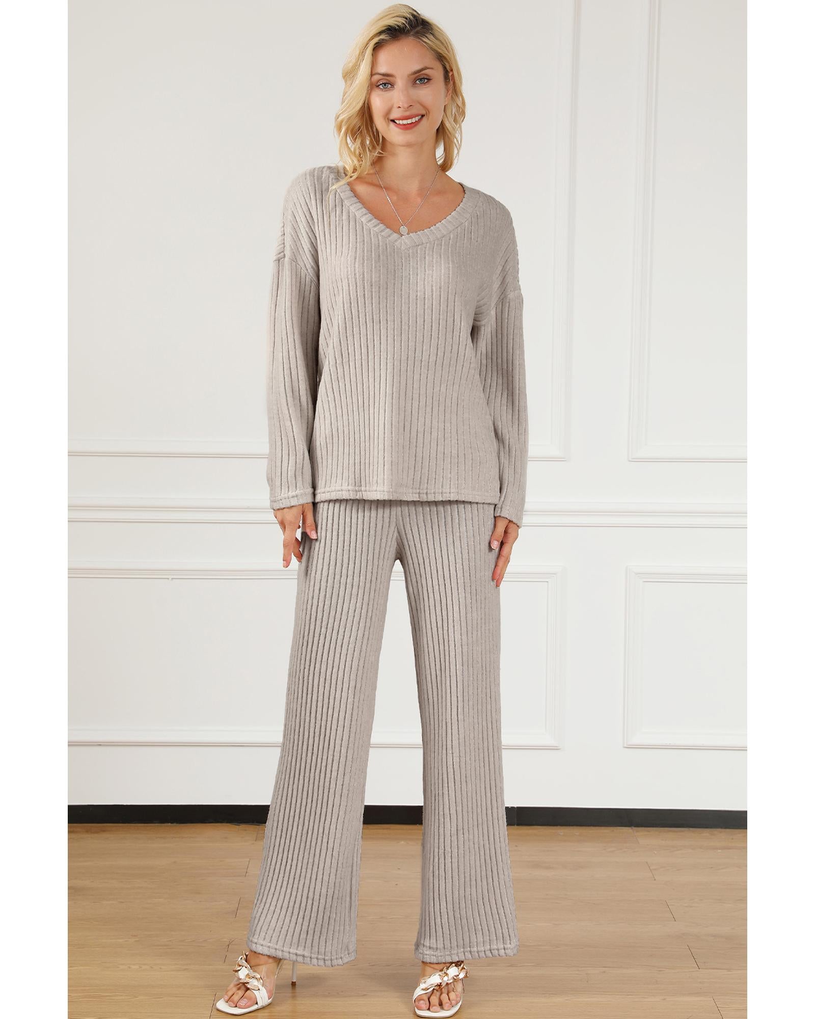 Khaki Ribbed Knit V Neck Slouchy Two-piece Outfit - S 5