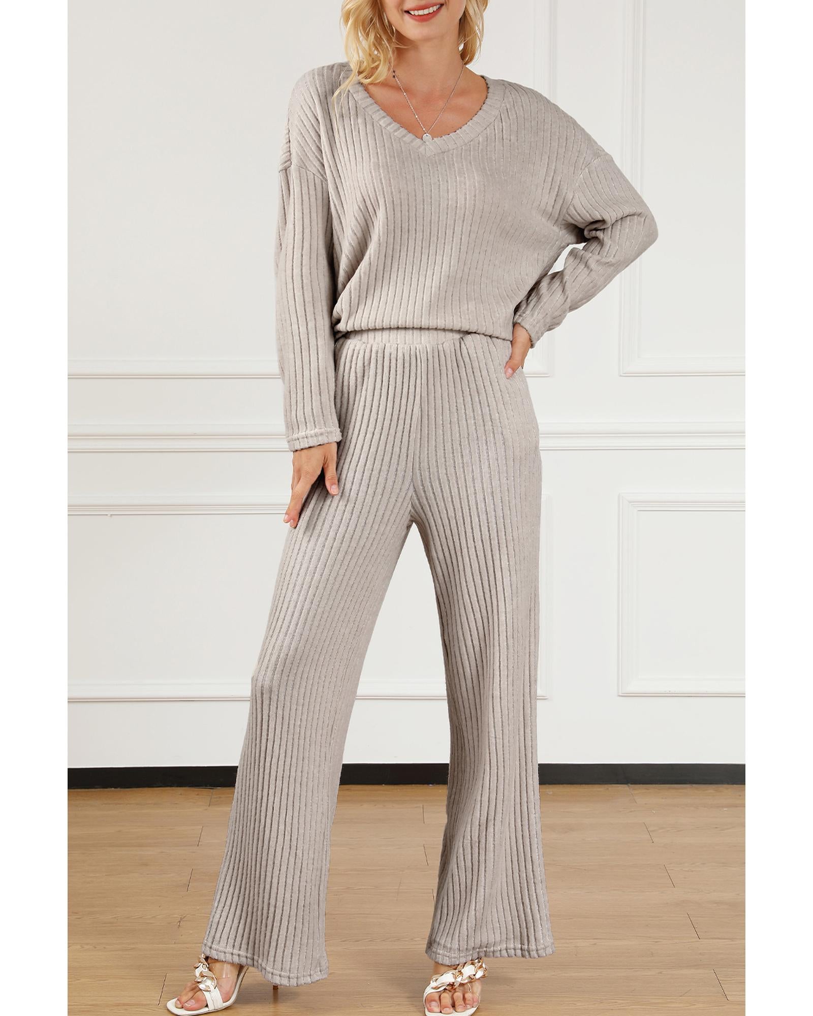 Khaki Ribbed Knit V Neck Slouchy Two-piece Outfit - S 6