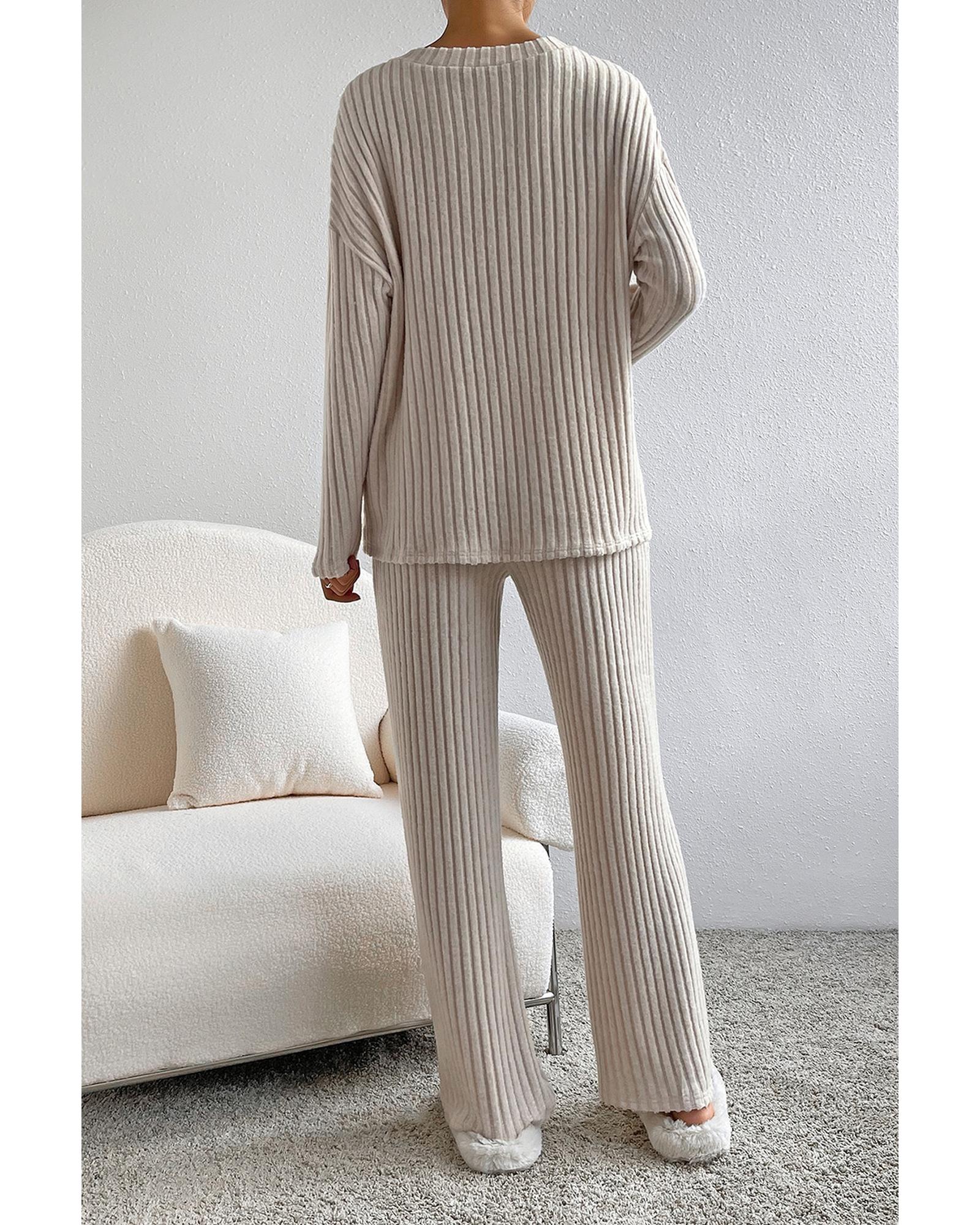 Khaki Ribbed Knit V Neck Slouchy Two-piece Outfit - S 7
