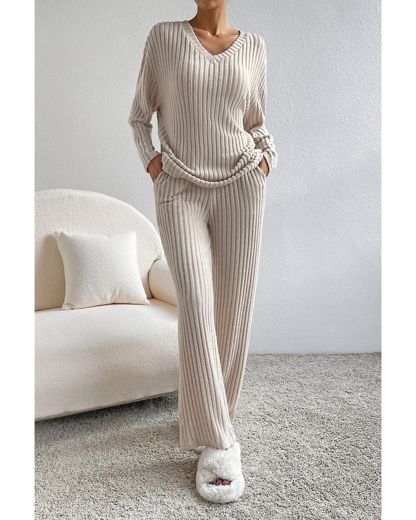 Khaki Ribbed Knit V Neck Slouchy Two-piece Outfit - S 8