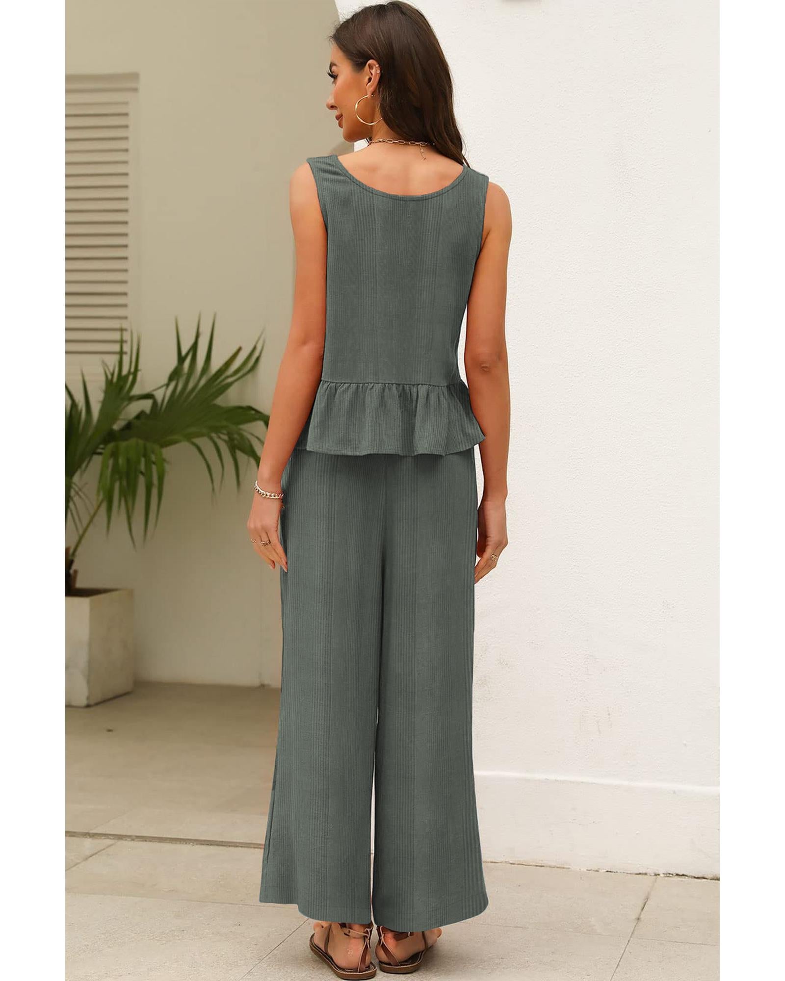 Duffel Green Solid Color Ribbed Ruffle Tank Top and Pants Set - L