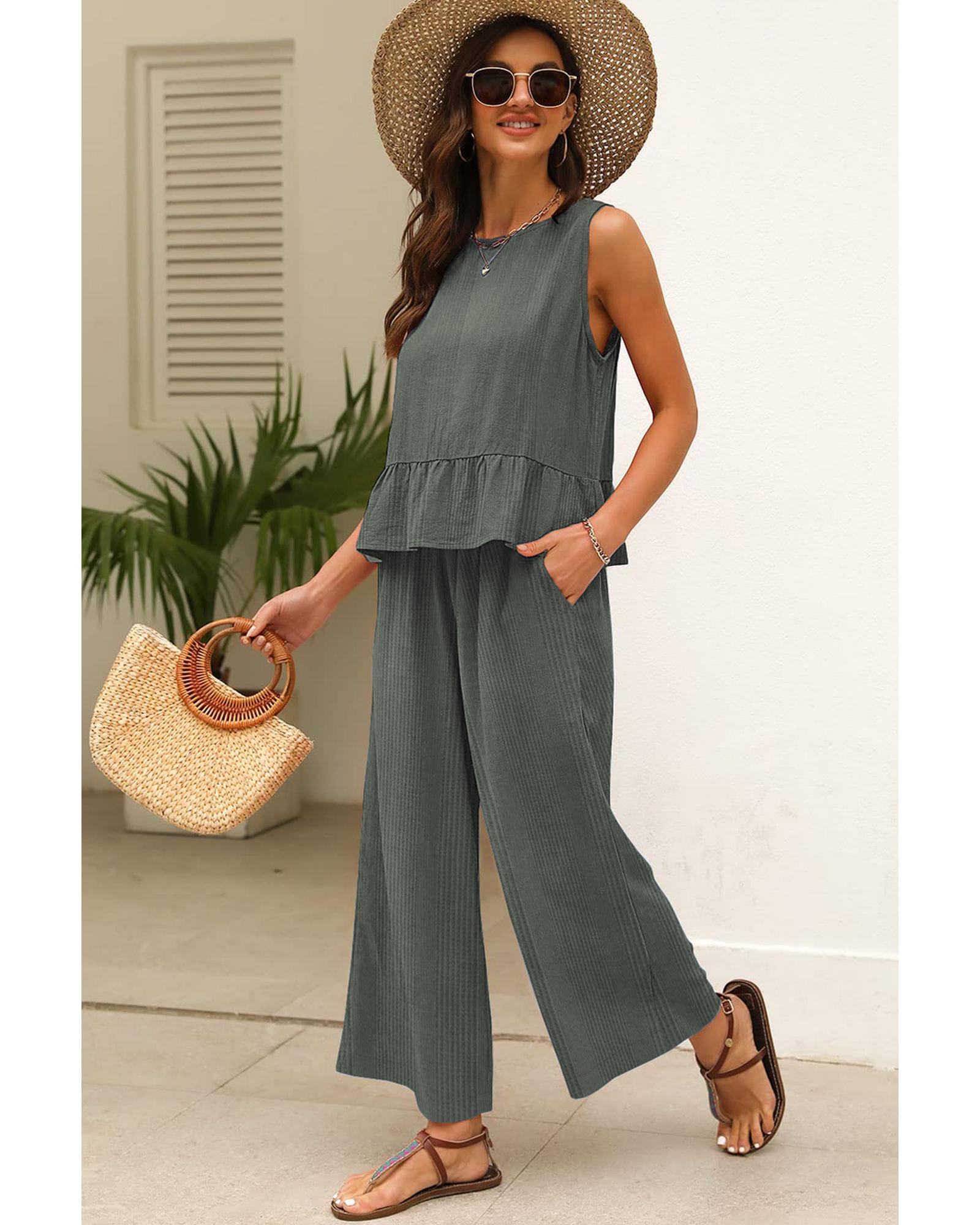 Duffel Green Solid Color Ribbed Ruffle Tank Top and Pants Set - L 3
