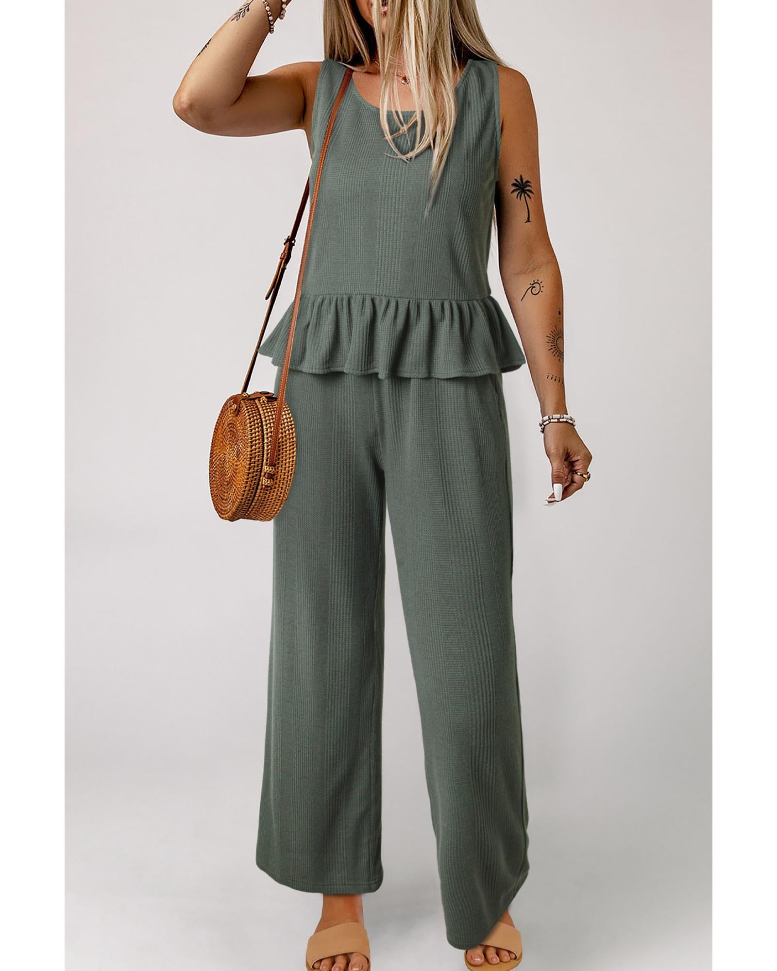 Duffel Green Solid Color Ribbed Ruffle Tank Top and Pants Set - L 4