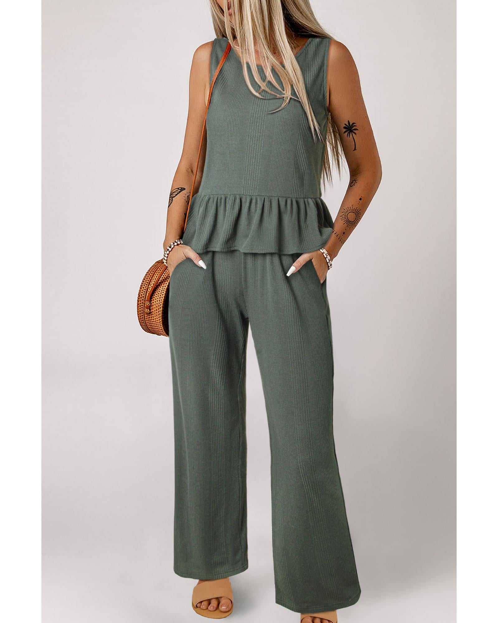 Duffel Green Solid Color Ribbed Ruffle Tank Top and Pants Set - L 6