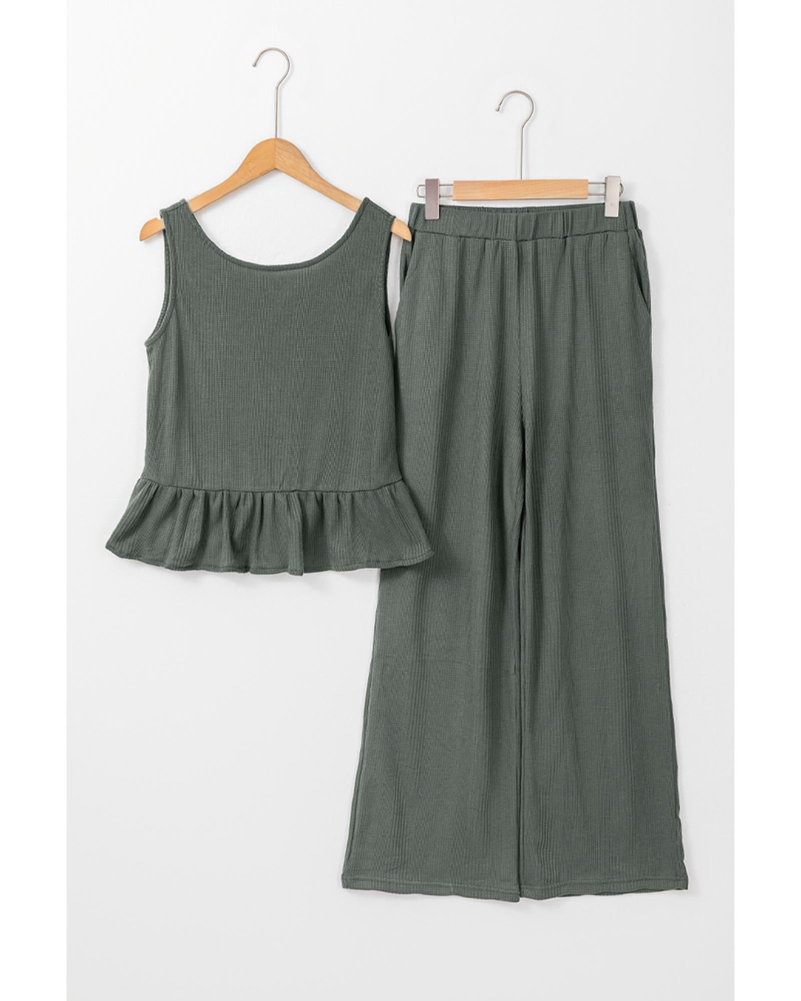 Duffel Green Solid Color Ribbed Ruffle Tank Top and Pants Set - L 7