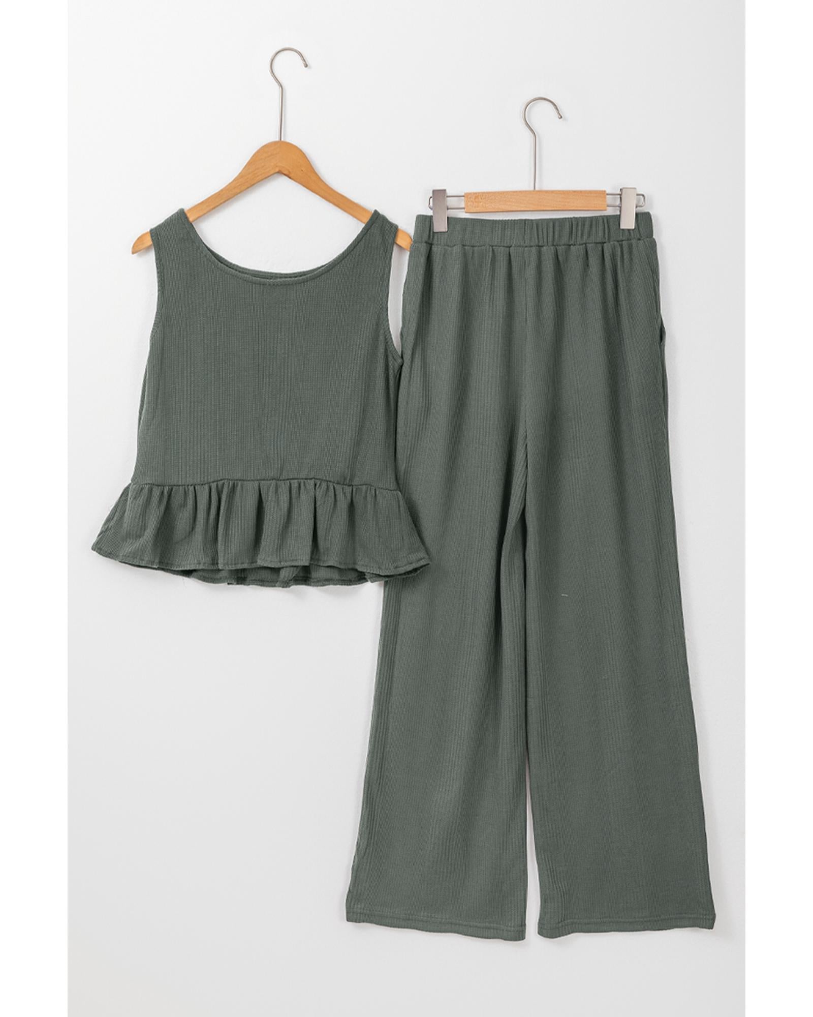 Duffel Green Solid Color Ribbed Ruffle Tank Top and Pants Set - L 8