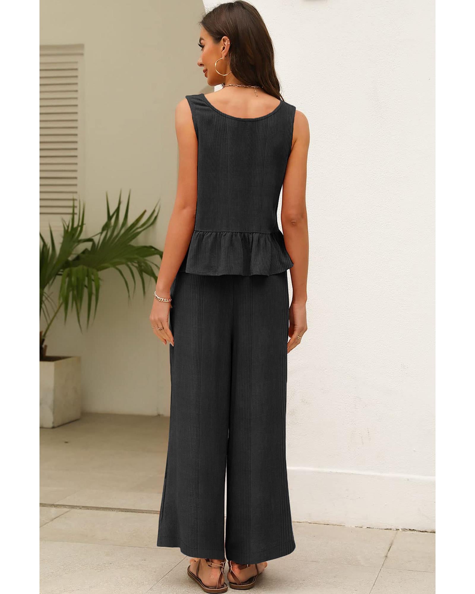 Black Solid Color Ribbed Ruffle Tank Top and Pants Set - L