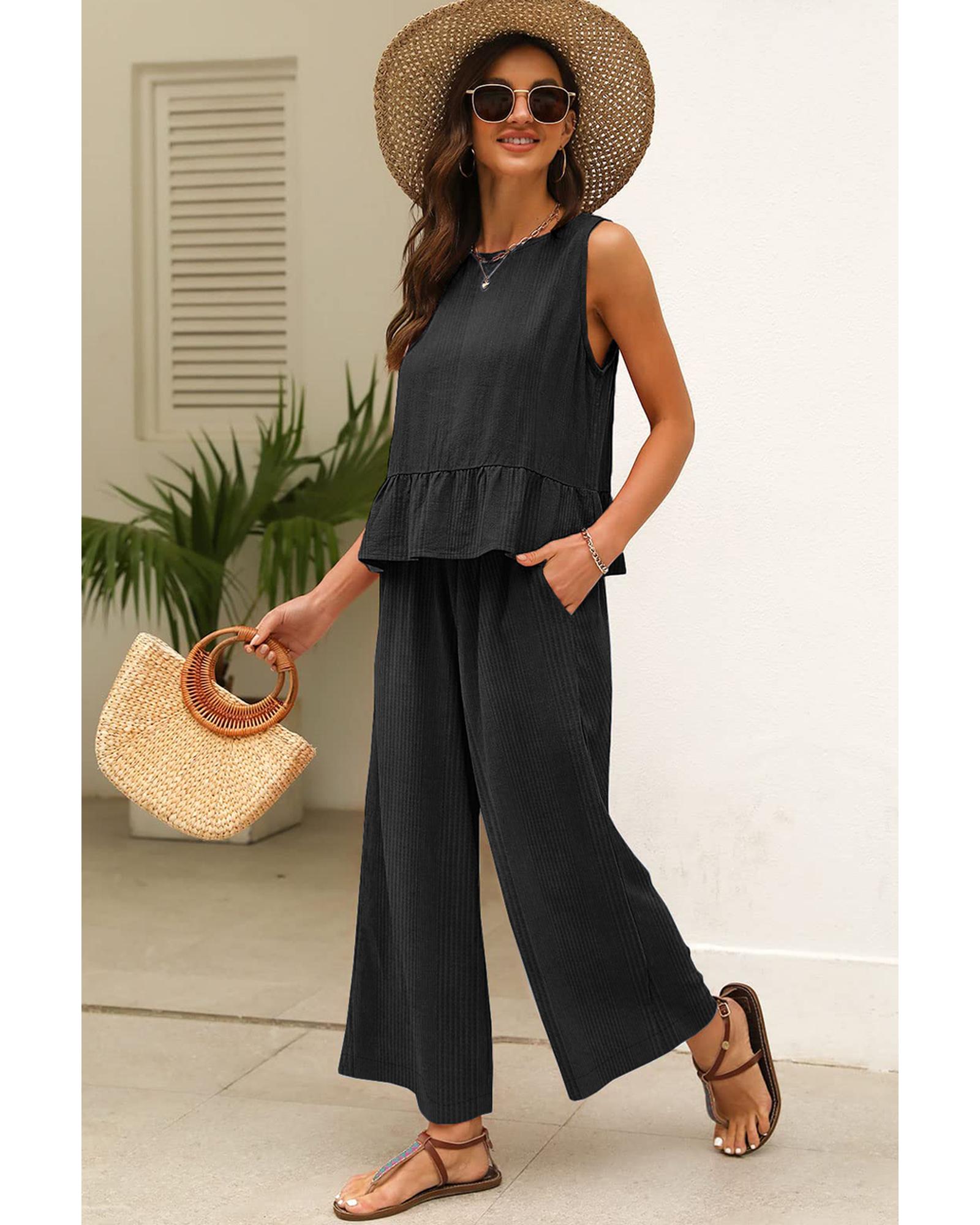 Black Solid Color Ribbed Ruffle Tank Top and Pants Set - L 3