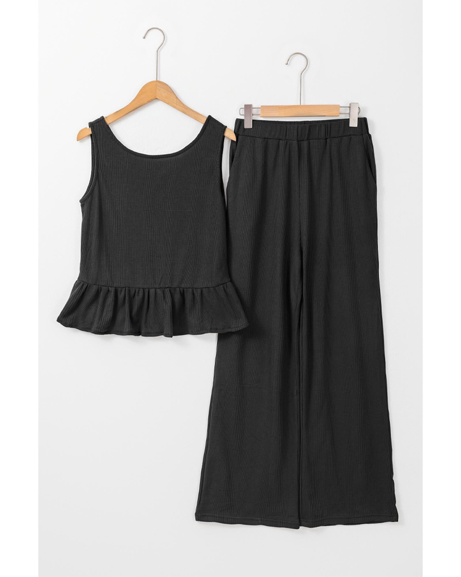 Black Solid Color Ribbed Ruffle Tank Top and Pants Set - L 7