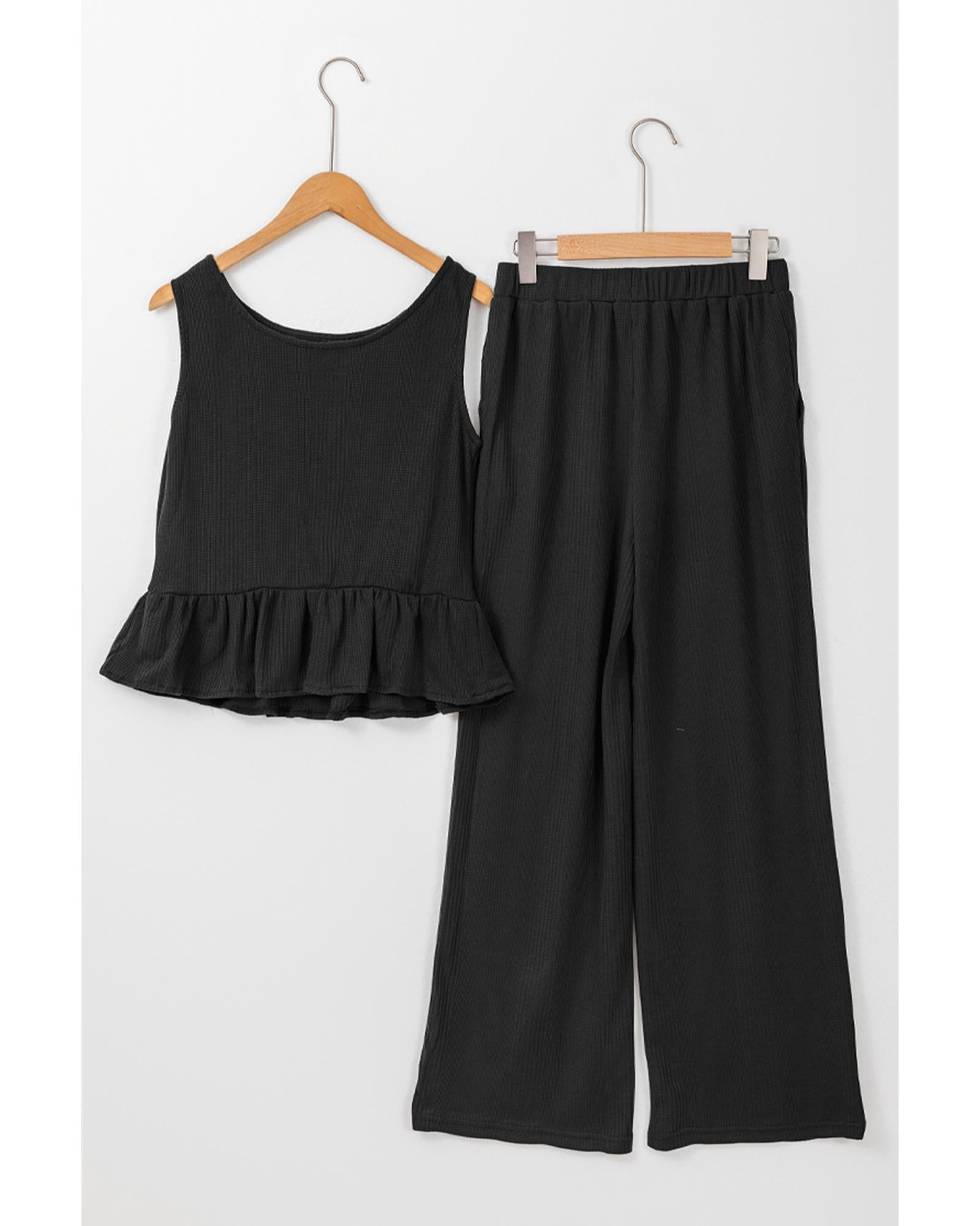 Black Solid Color Ribbed Ruffle Tank Top and Pants Set - L 8