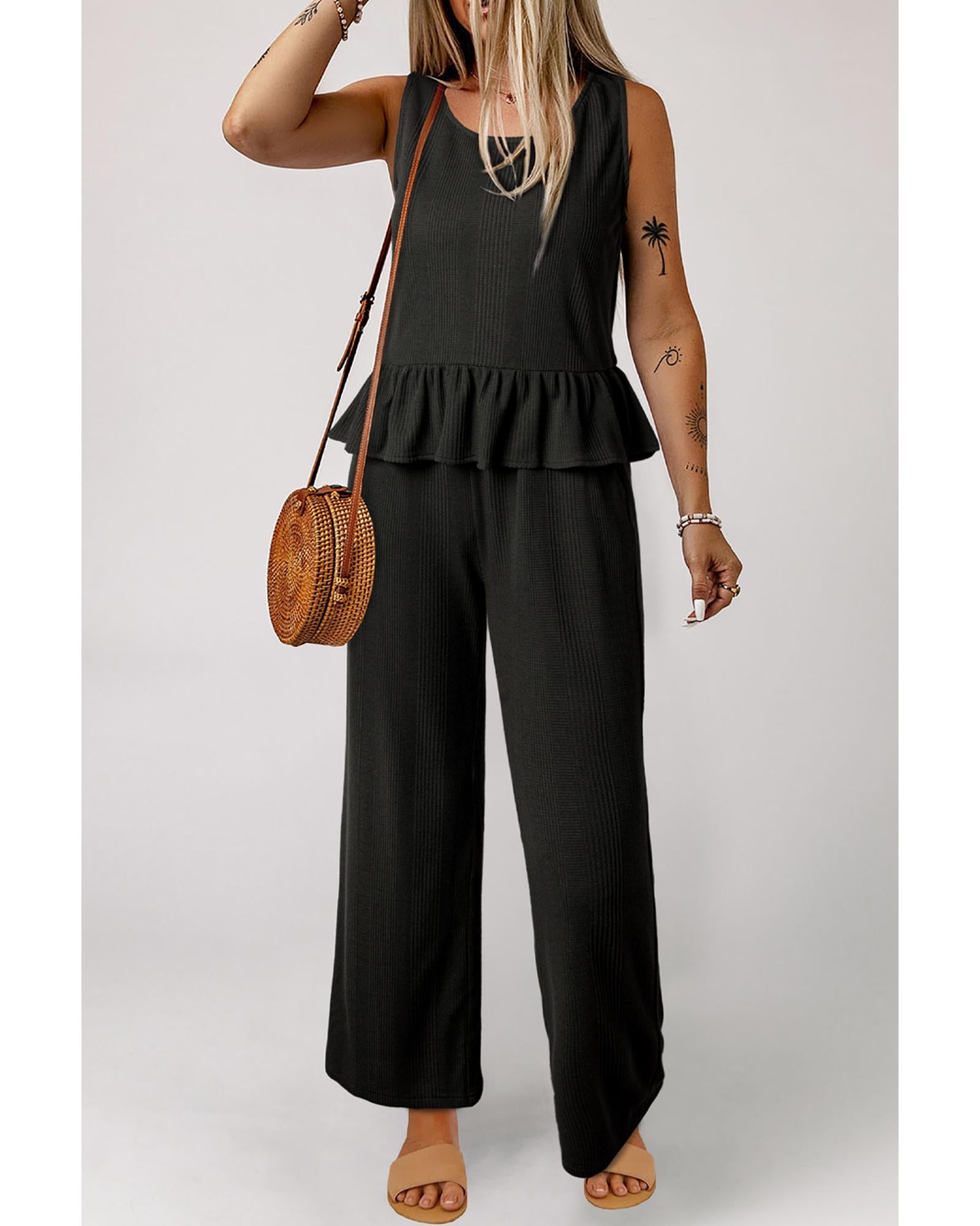 Black Solid Color Ribbed Ruffle Tank Top and Pants Set - XL 4