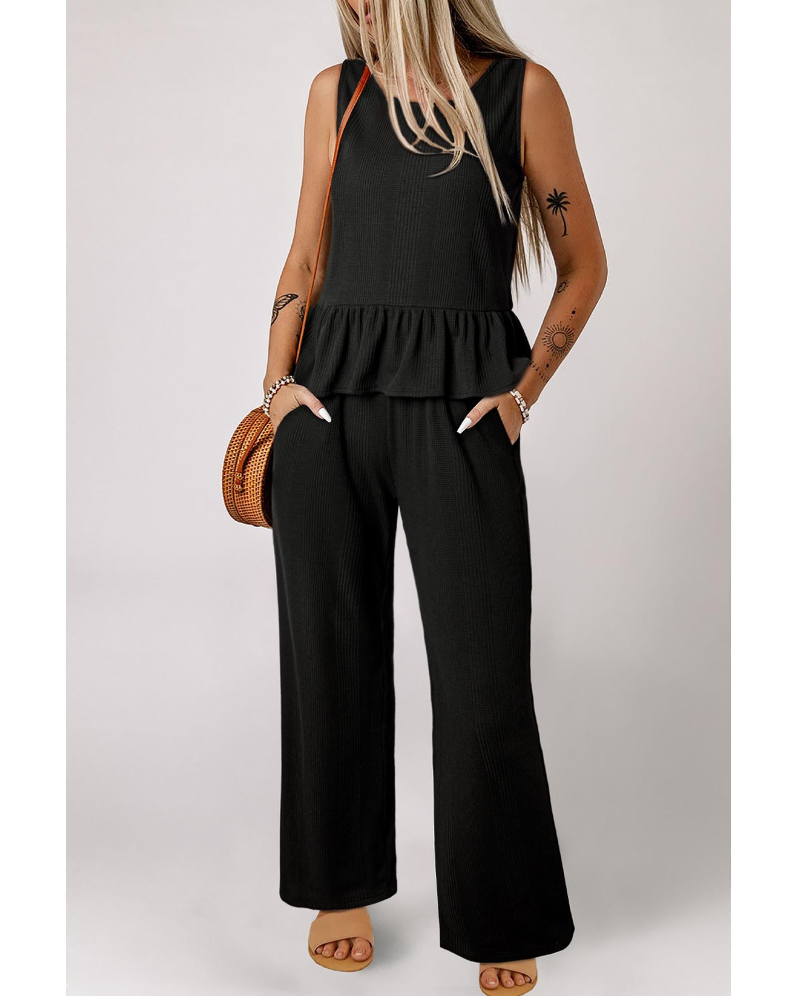 Black Solid Color Ribbed Ruffle Tank Top and Pants Set - XL 6