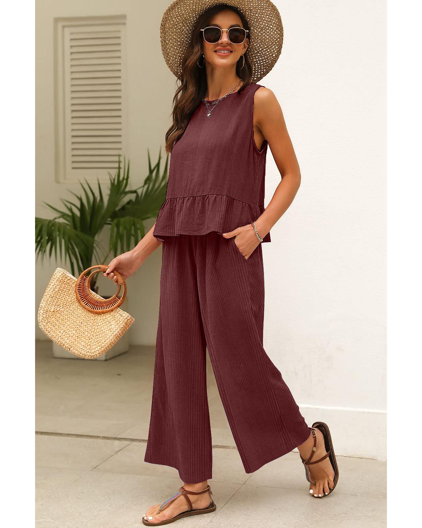 Red Dahlia Solid Color Ribbed Ruffle Tank Top and Pants Set - L
