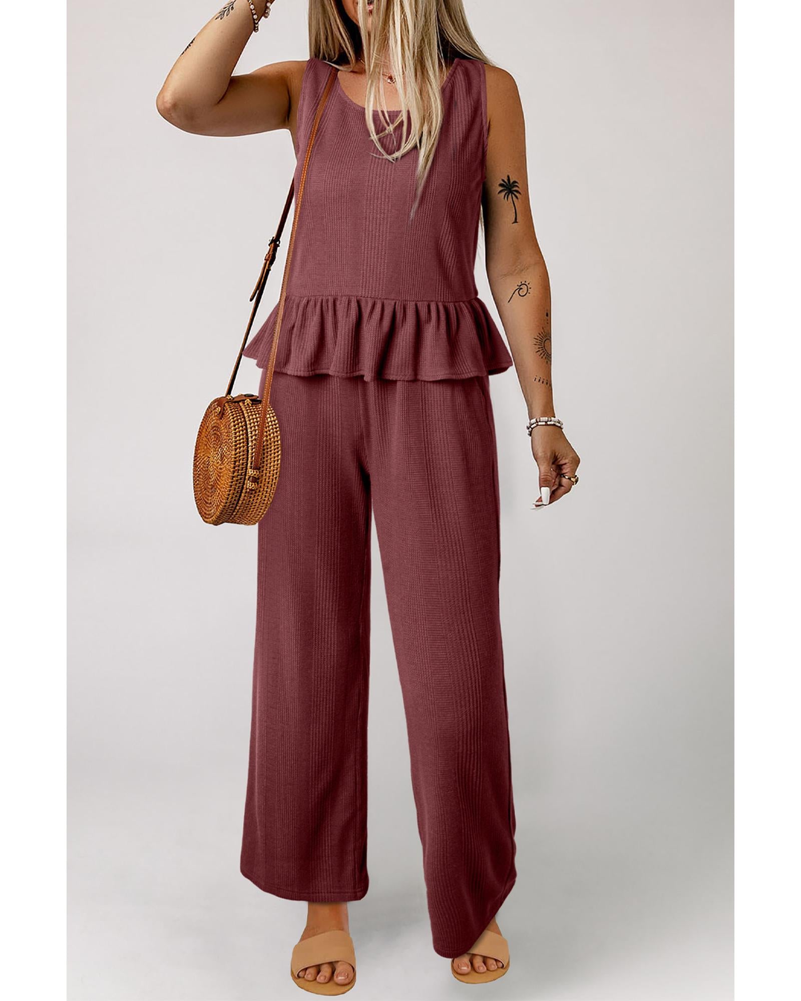 Red Dahlia Solid Color Ribbed Ruffle Tank Top and Pants Set - L 3