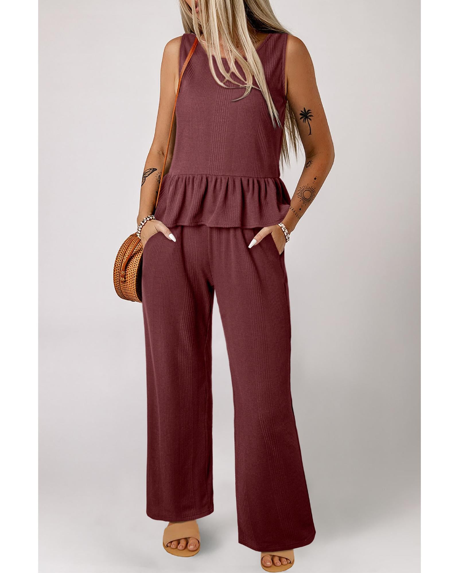 Red Dahlia Solid Color Ribbed Ruffle Tank Top and Pants Set - L 4