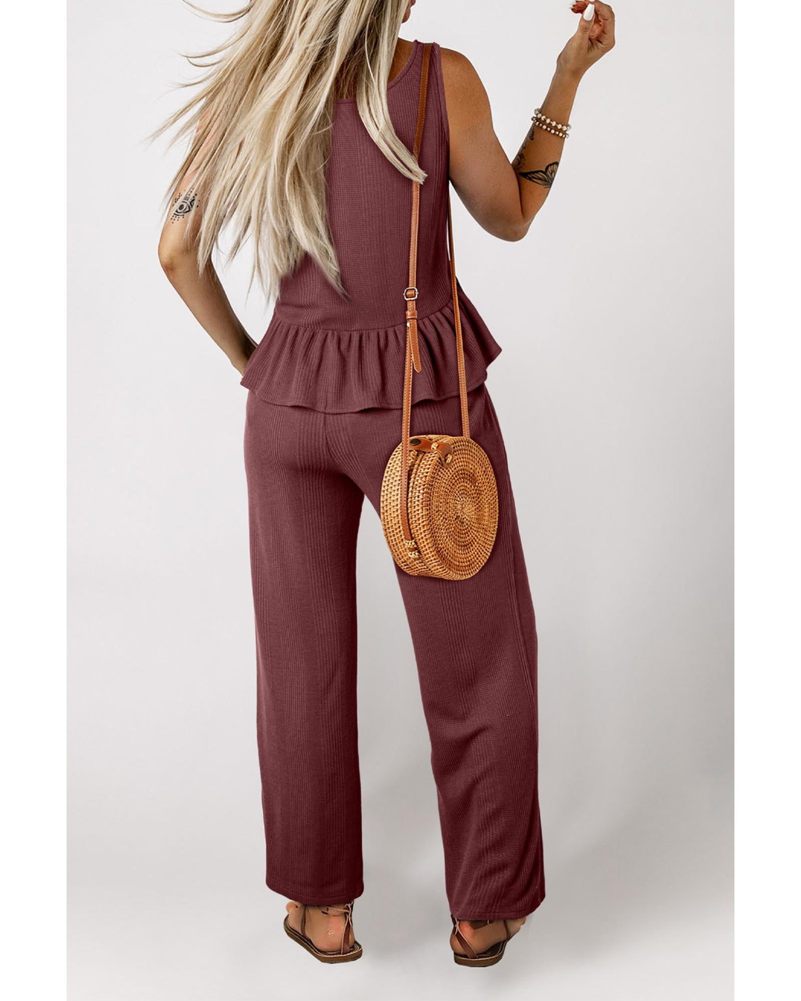 Red Dahlia Solid Color Ribbed Ruffle Tank Top and Pants Set - L 5