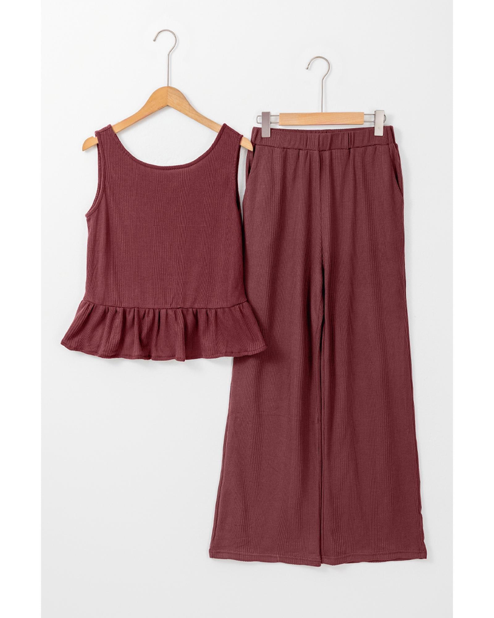 Red Dahlia Solid Color Ribbed Ruffle Tank Top and Pants Set - L 6