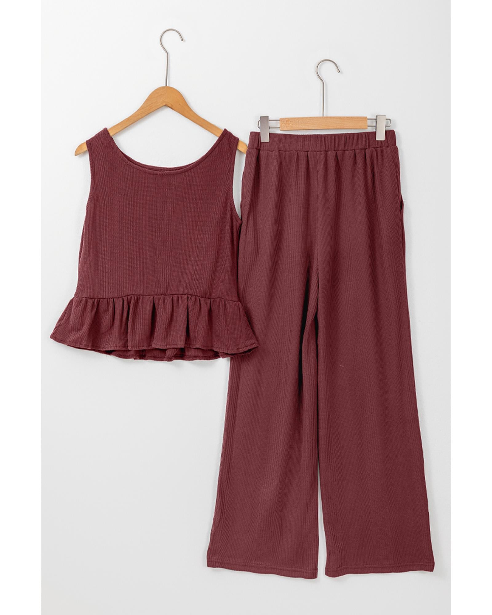 Red Dahlia Solid Color Ribbed Ruffle Tank Top and Pants Set - L 7