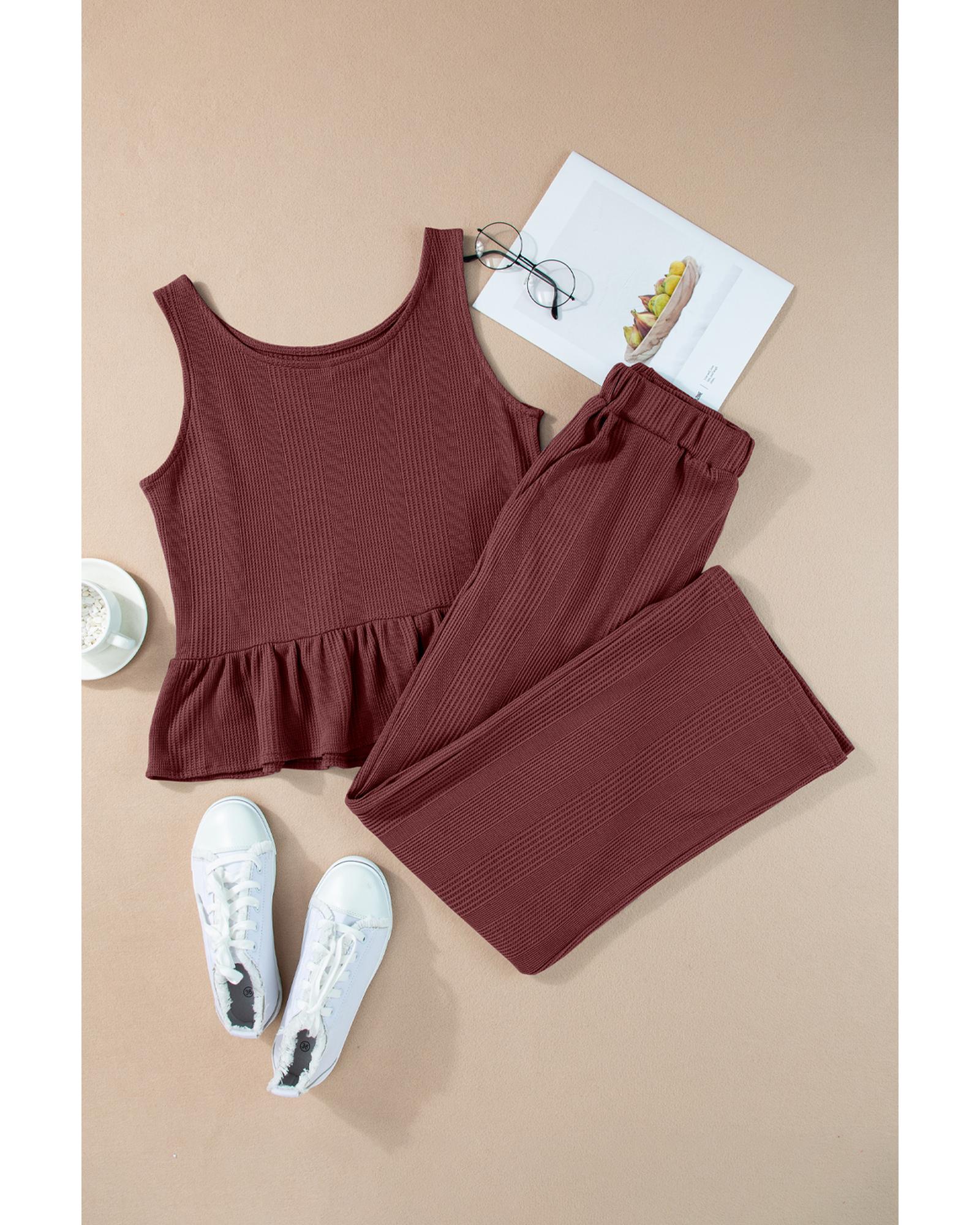 Red Dahlia Solid Color Ribbed Ruffle Tank Top and Pants Set - L 8