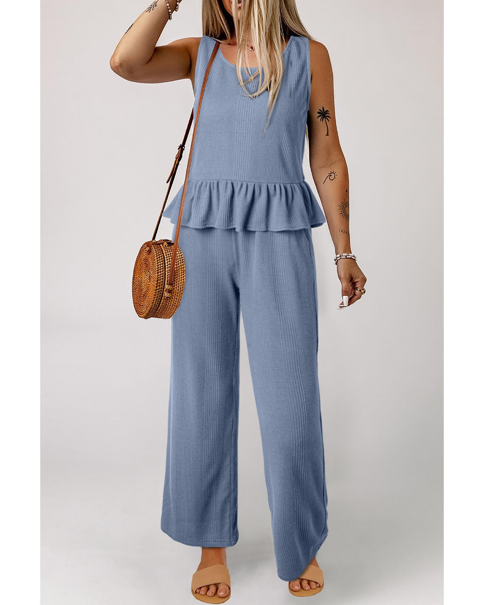 Beau Blue Solid Color Ribbed Ruffle Tank Top and Pants Set - L 4