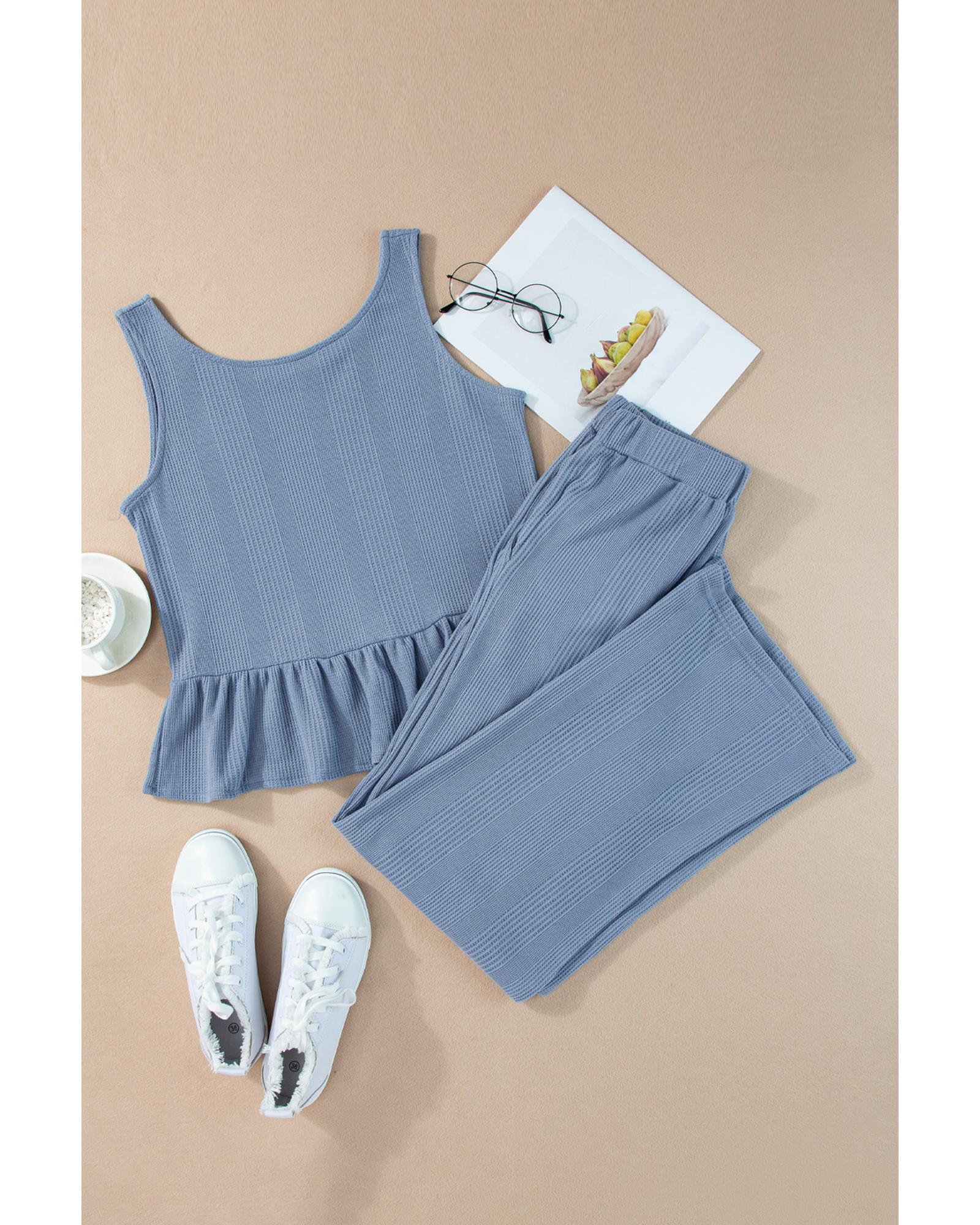 Beau Blue Solid Color Ribbed Ruffle Tank Top and Pants Set - L 8