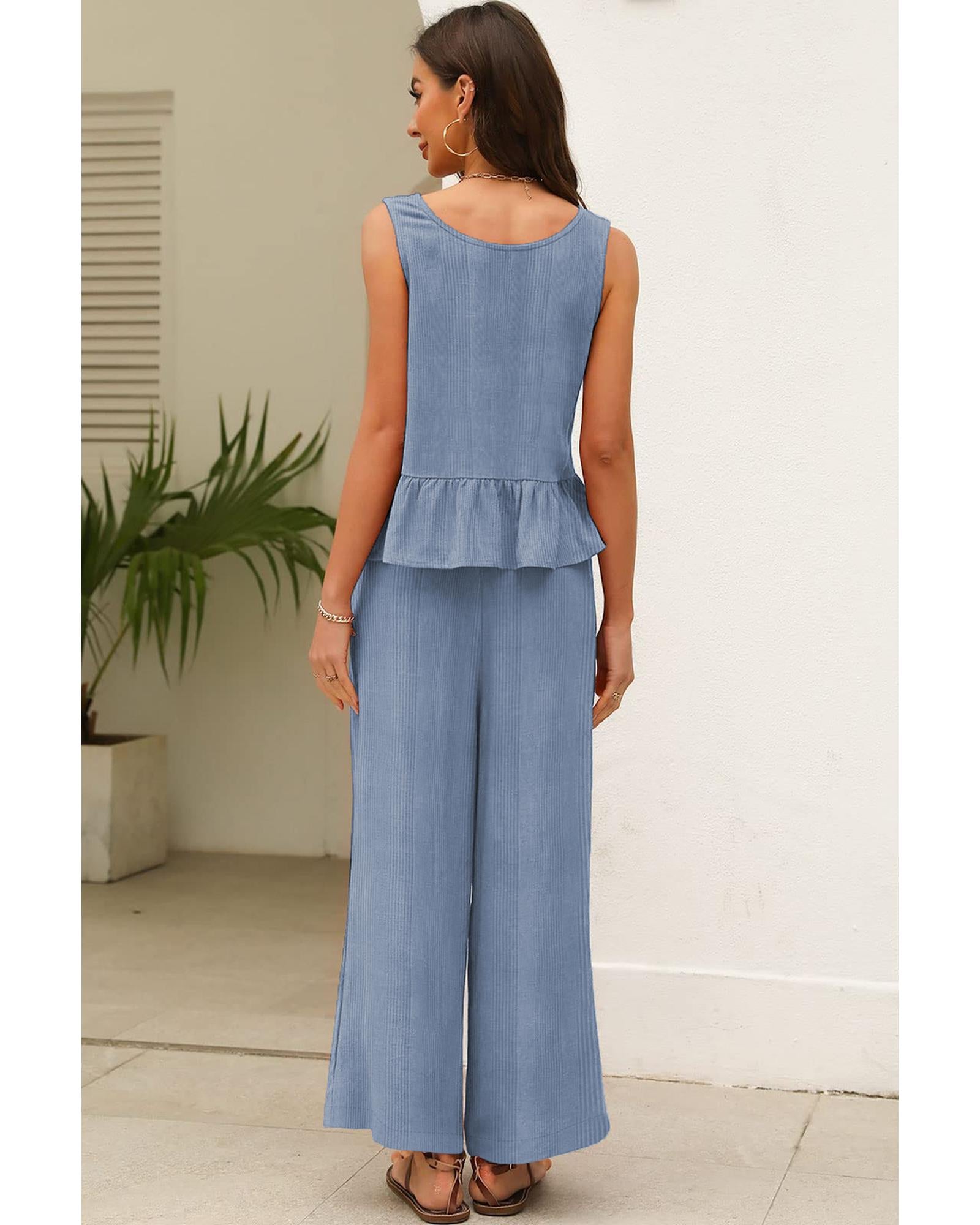 Beau Blue Solid Color Ribbed Ruffle Tank Top and Pants Set - M