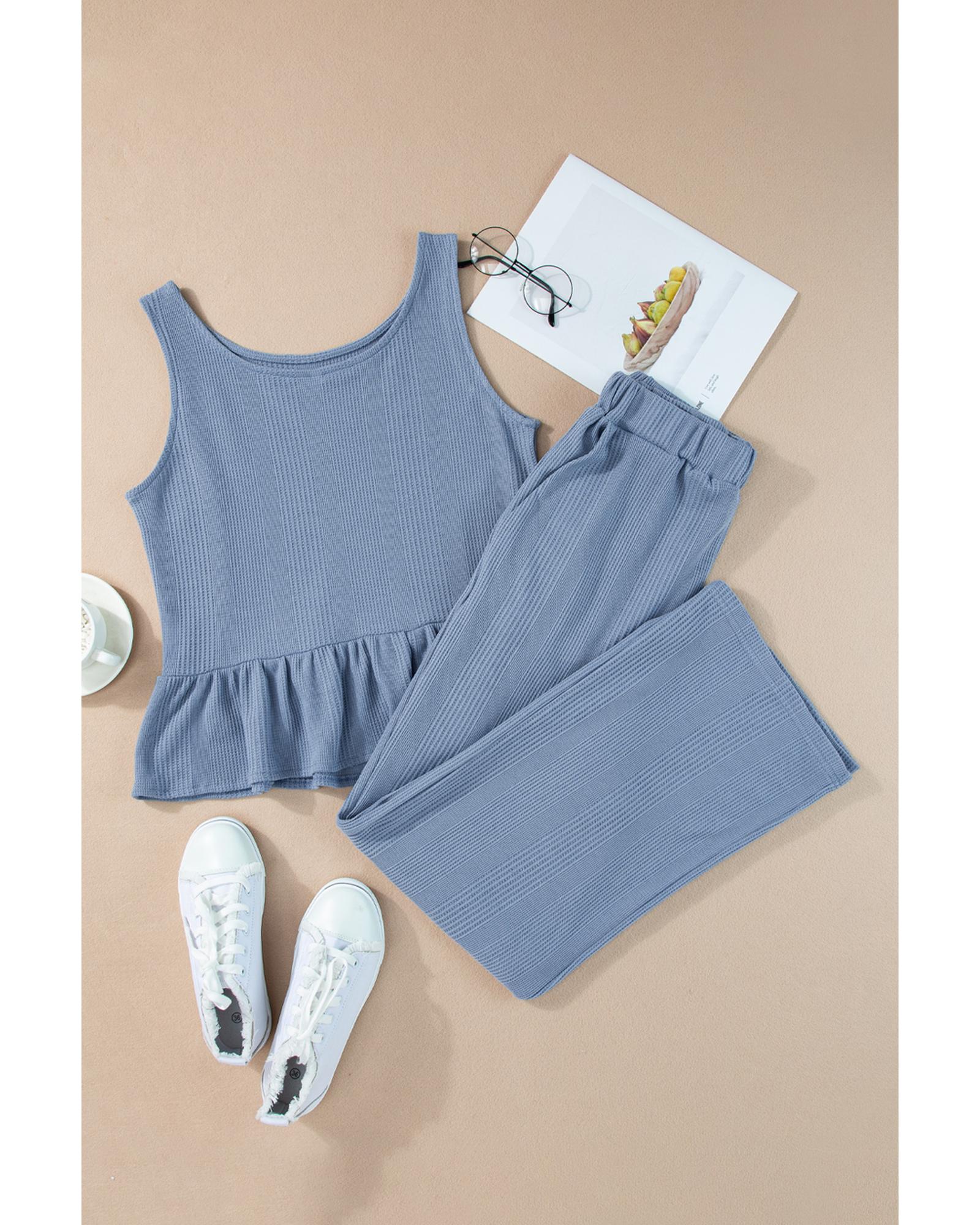 Beau Blue Solid Color Ribbed Ruffle Tank Top and Pants Set - M 7