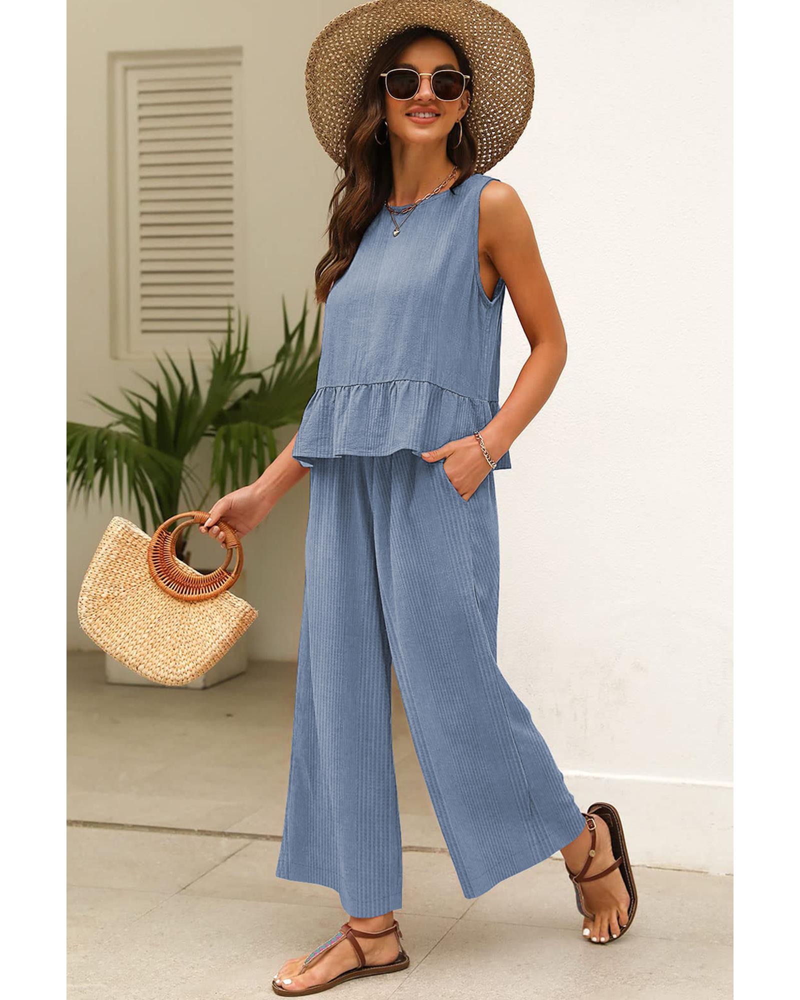 Beau Blue Solid Color Ribbed Ruffle Tank Top and Pants Set - S