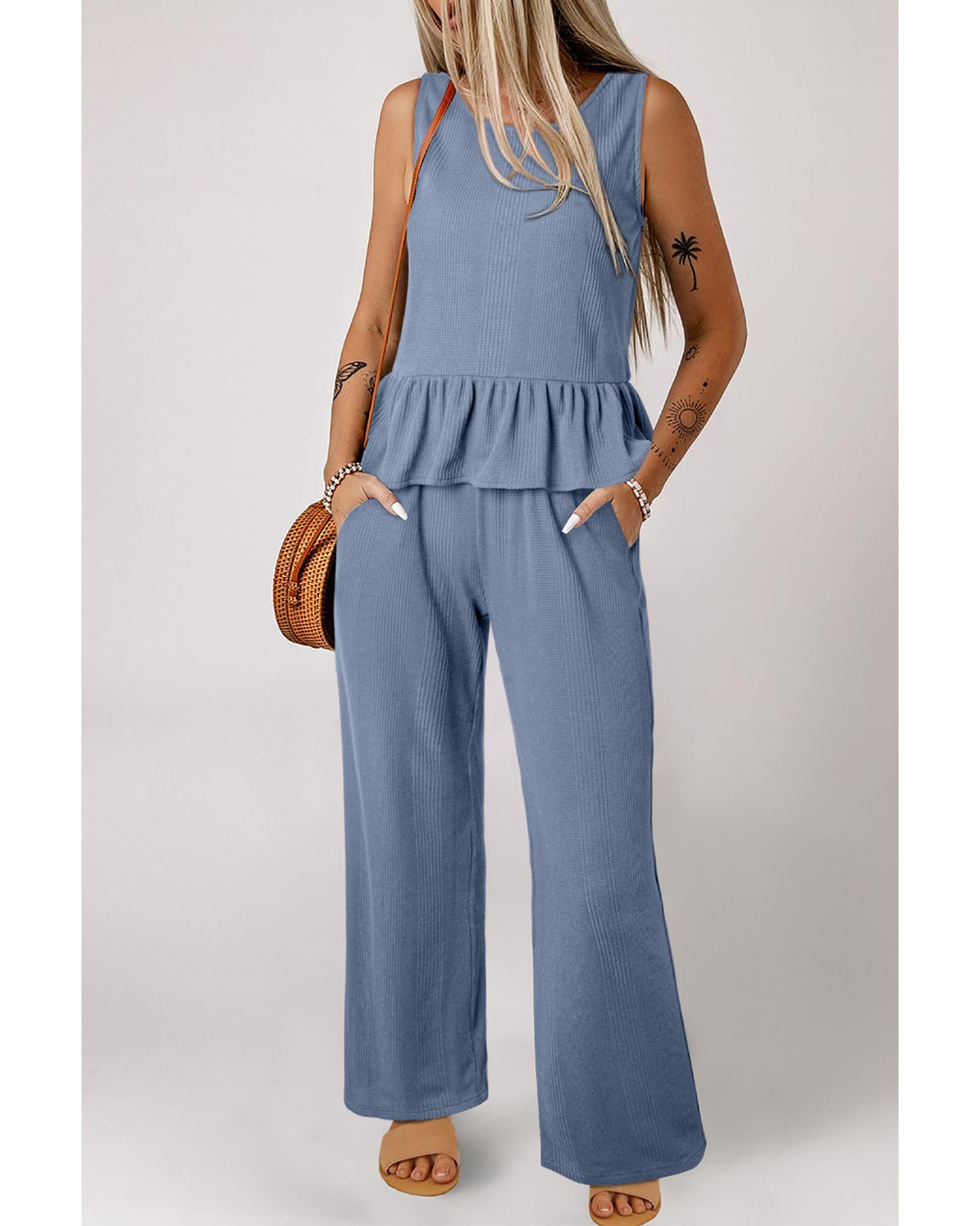 Beau Blue Solid Color Ribbed Ruffle Tank Top and Pants Set - XL 6