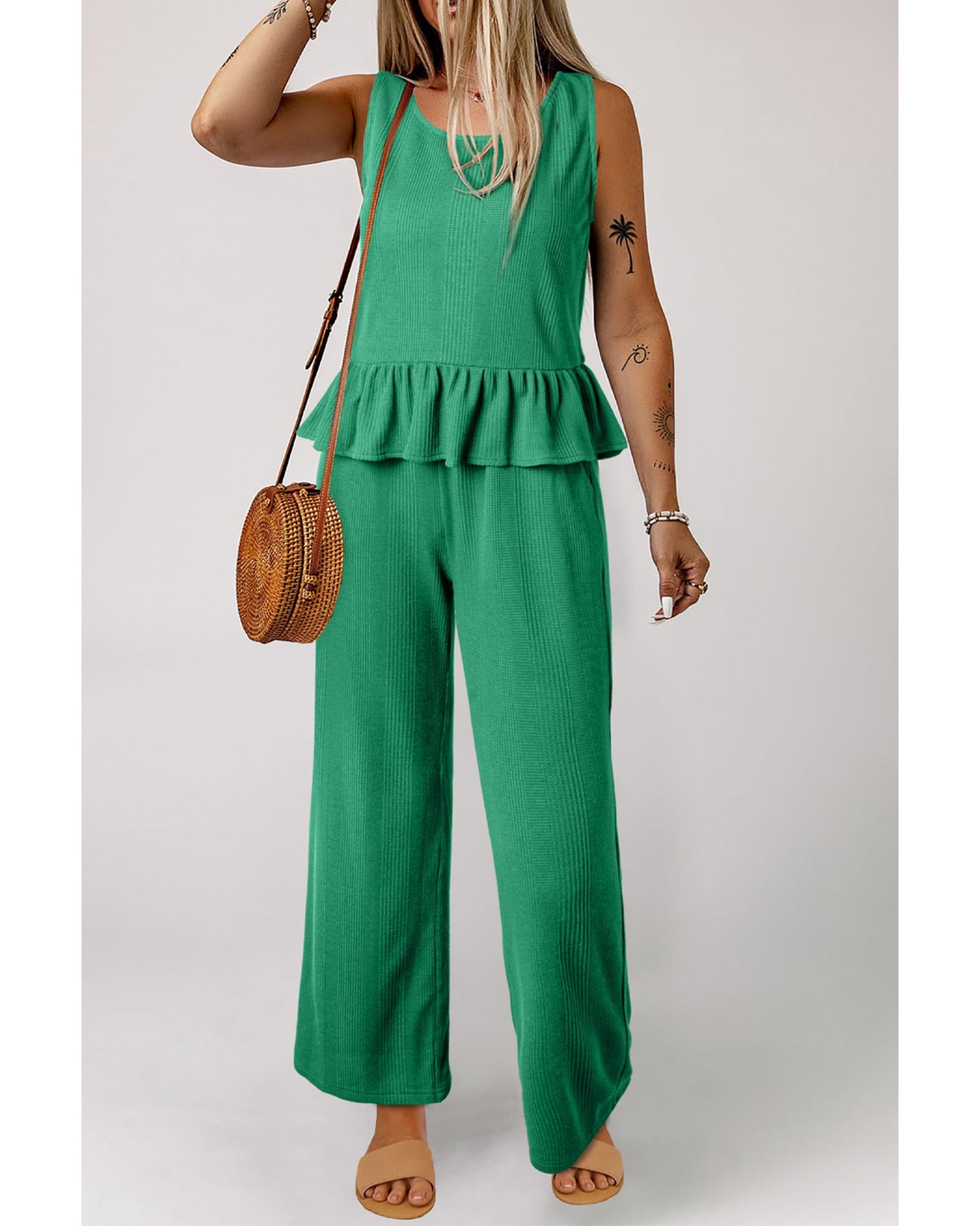 Green Solid Color Ribbed Ruffle Tank Top and Pants Set - S