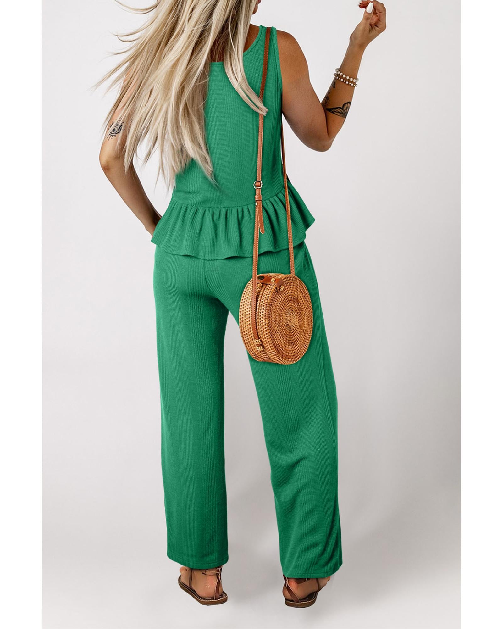 Green Solid Color Ribbed Ruffle Tank Top and Pants Set - S 3