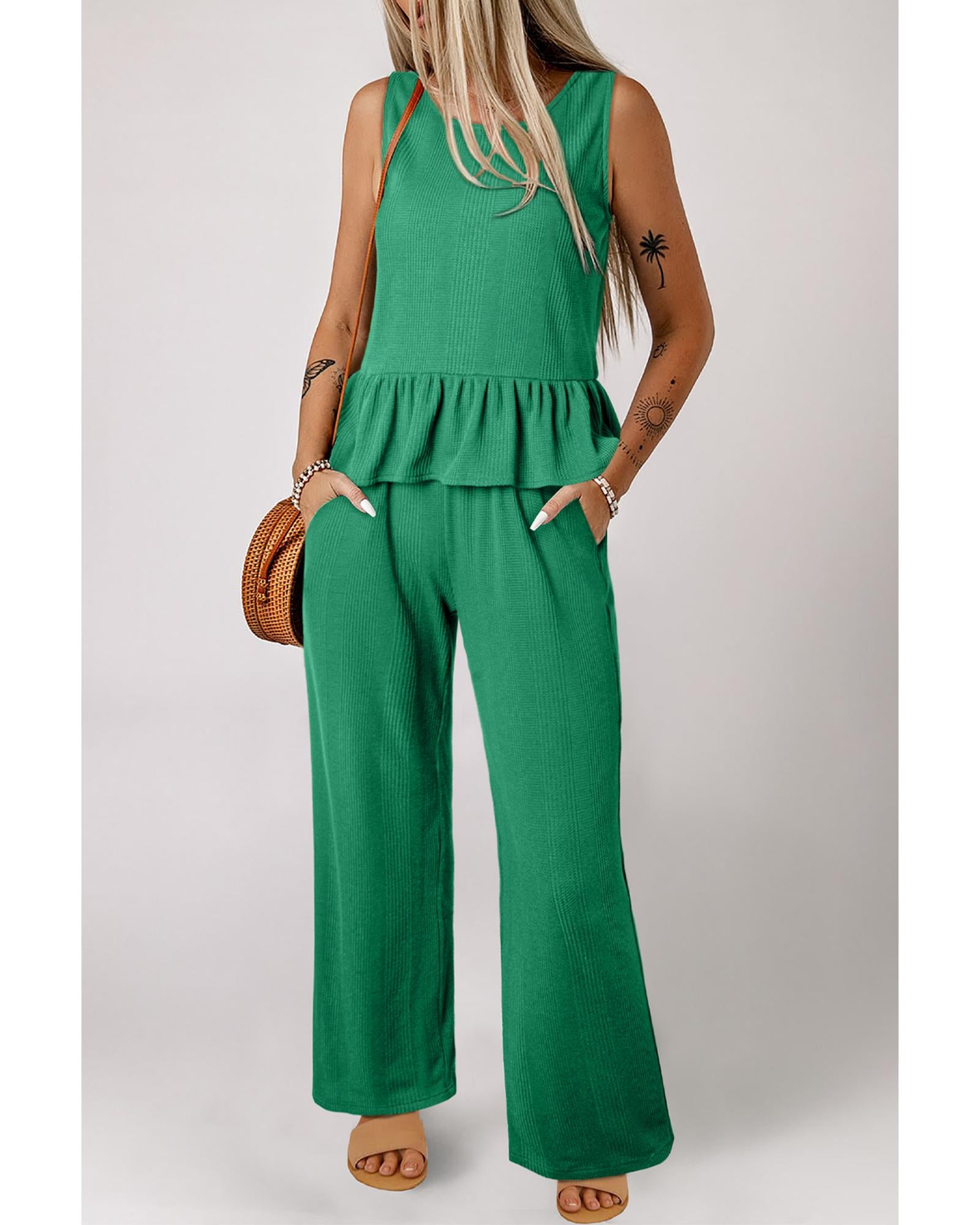 Green Solid Color Ribbed Ruffle Tank Top and Pants Set - S 4