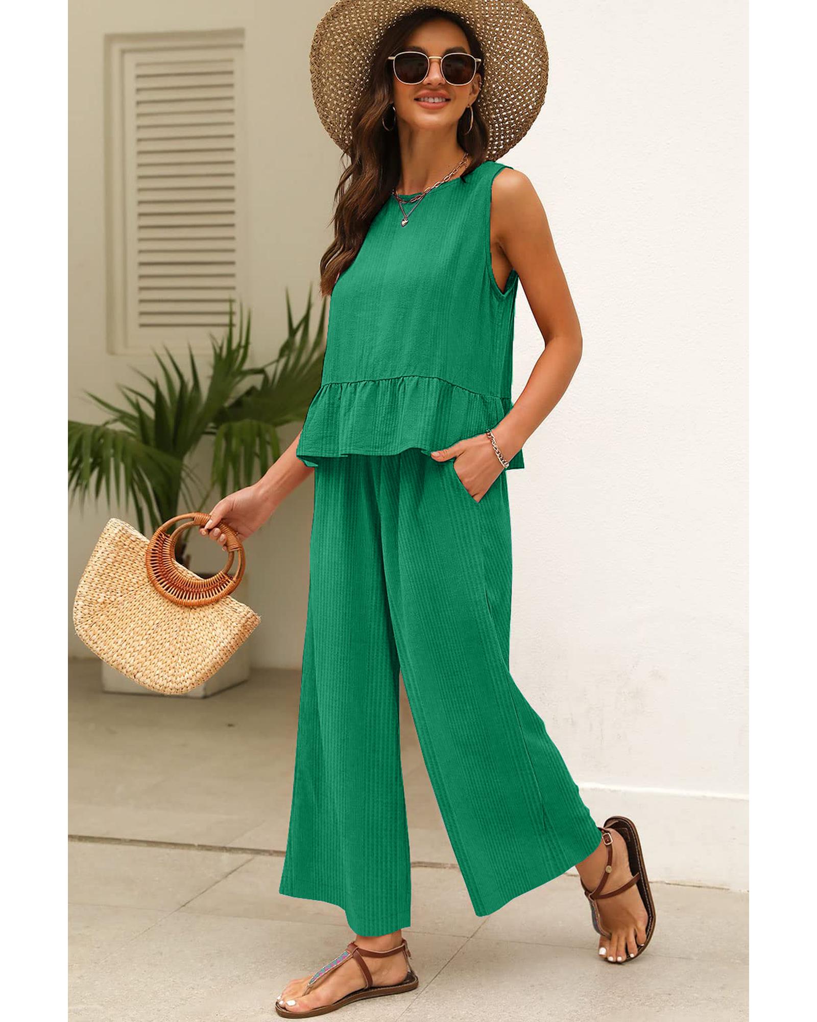 Green Solid Color Ribbed Ruffle Tank Top and Pants Set - S 5