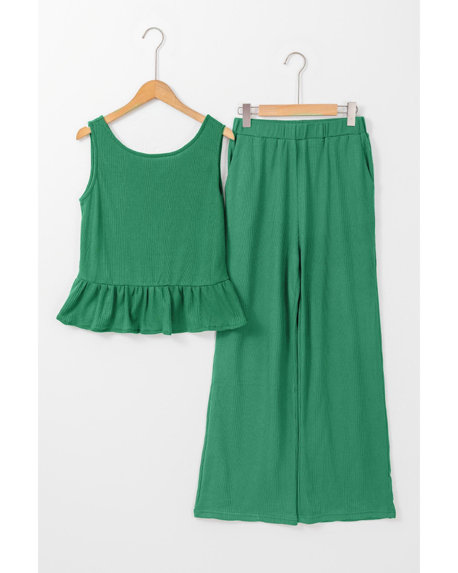 Green Solid Color Ribbed Ruffle Tank Top and Pants Set - S 6