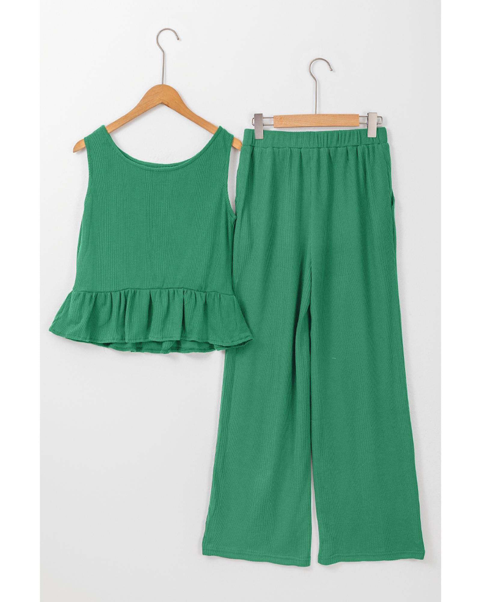 Green Solid Color Ribbed Ruffle Tank Top and Pants Set - S 7