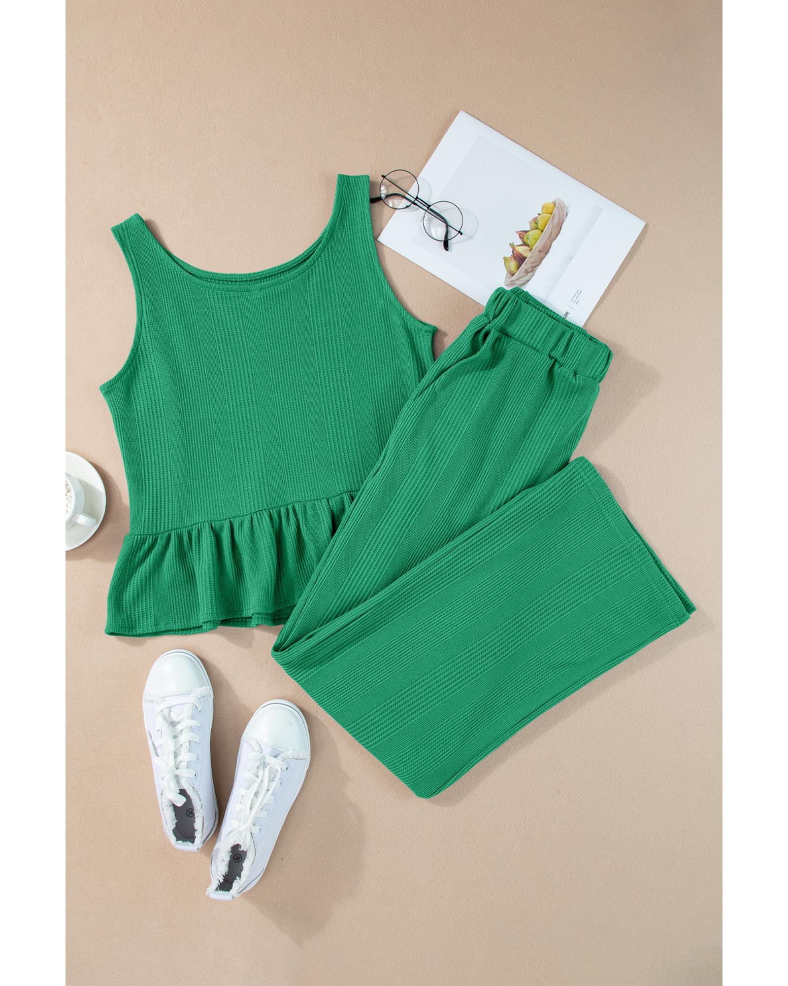 Green Solid Color Ribbed Ruffle Tank Top and Pants Set - S 8