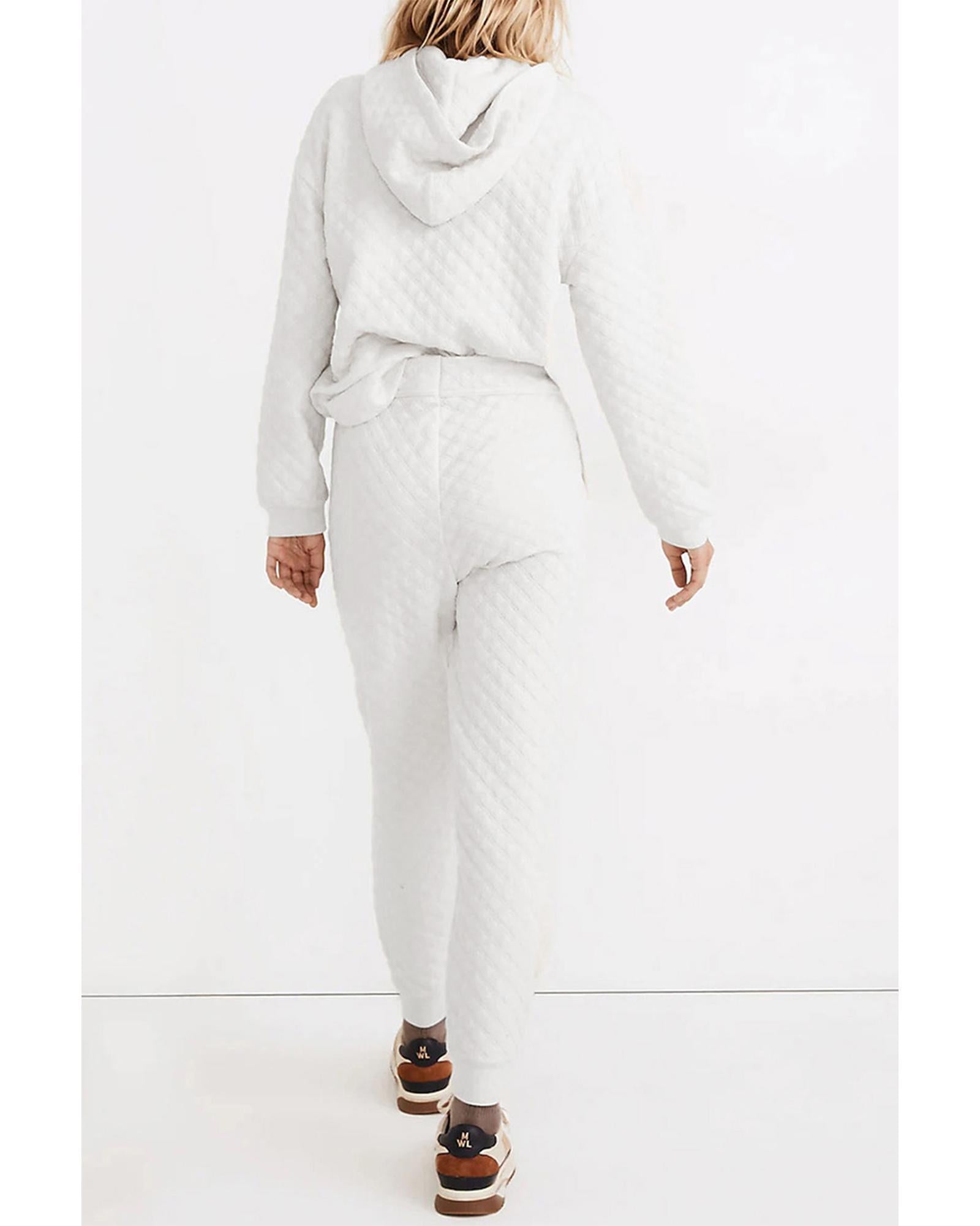 White Quilted Hoodie and Sweatpants Two Piece Set - L