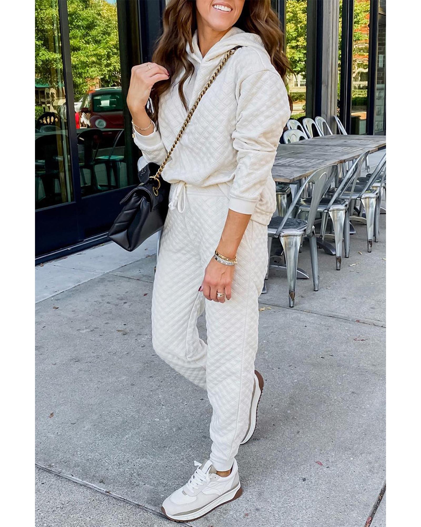 White Quilted Hoodie and Sweatpants Two Piece Set - L