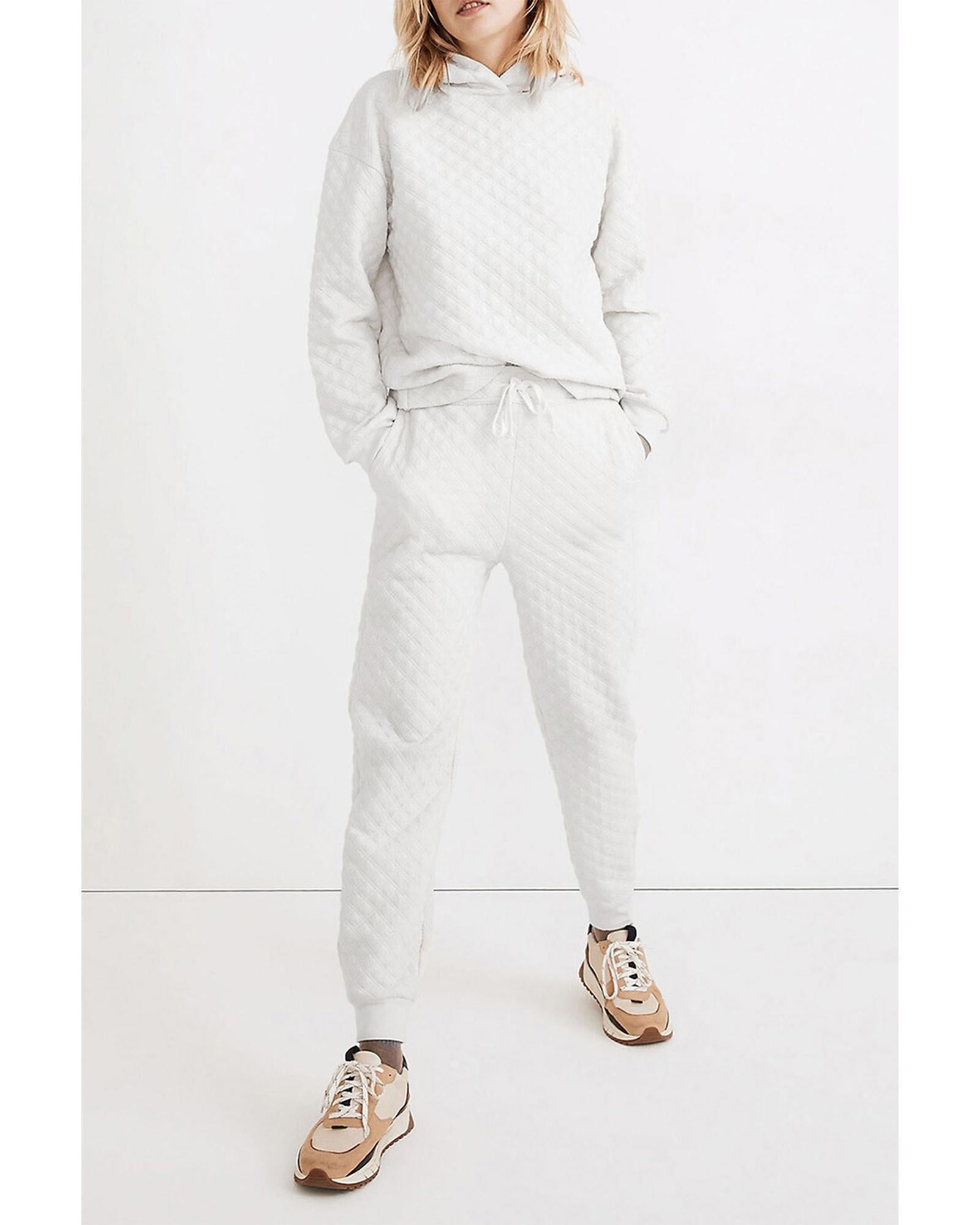 White Quilted Hoodie and Sweatpants Two Piece Set - L 3