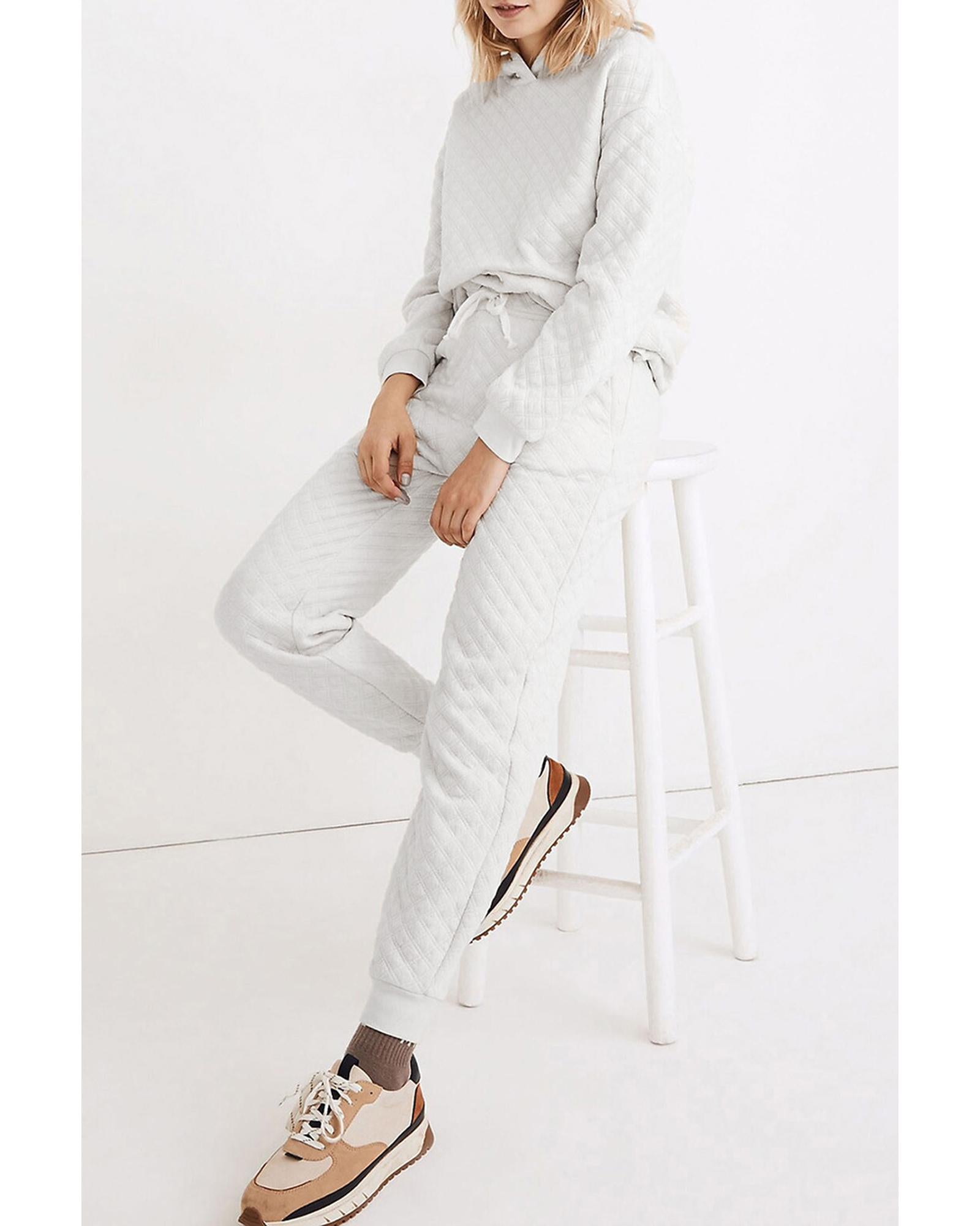 White Quilted Hoodie and Sweatpants Two Piece Set - L 6