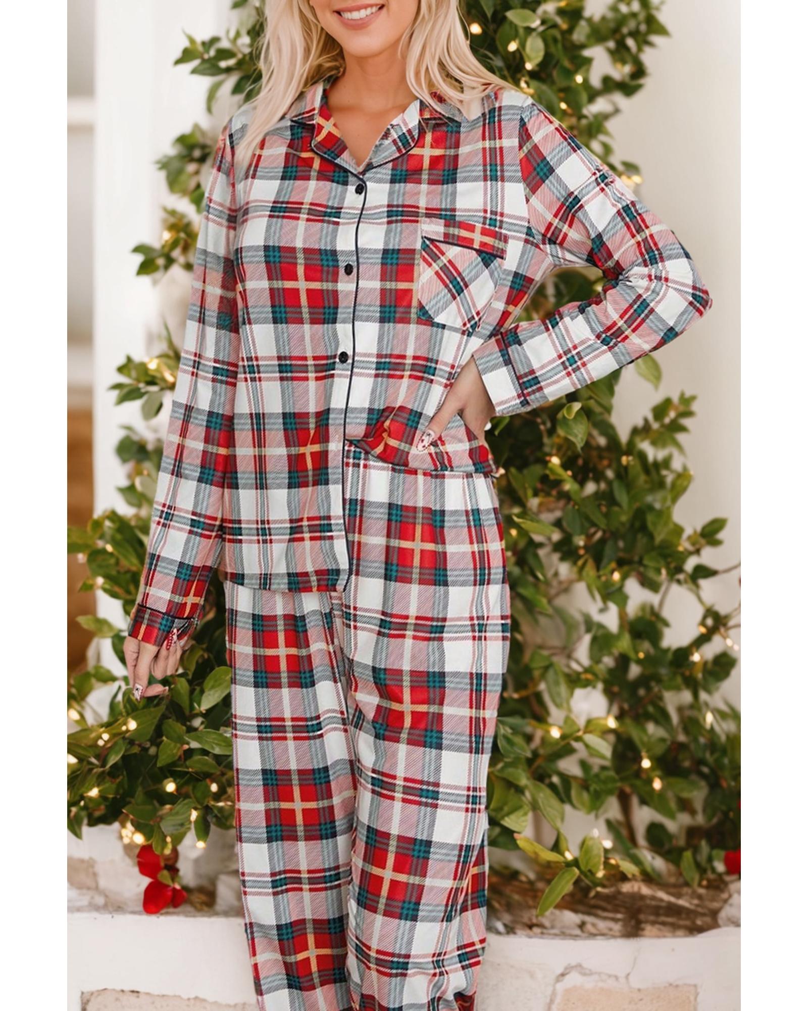 Red Christmas Plaid Print Two Piece Long Sleeve Pajamas Set - M 5