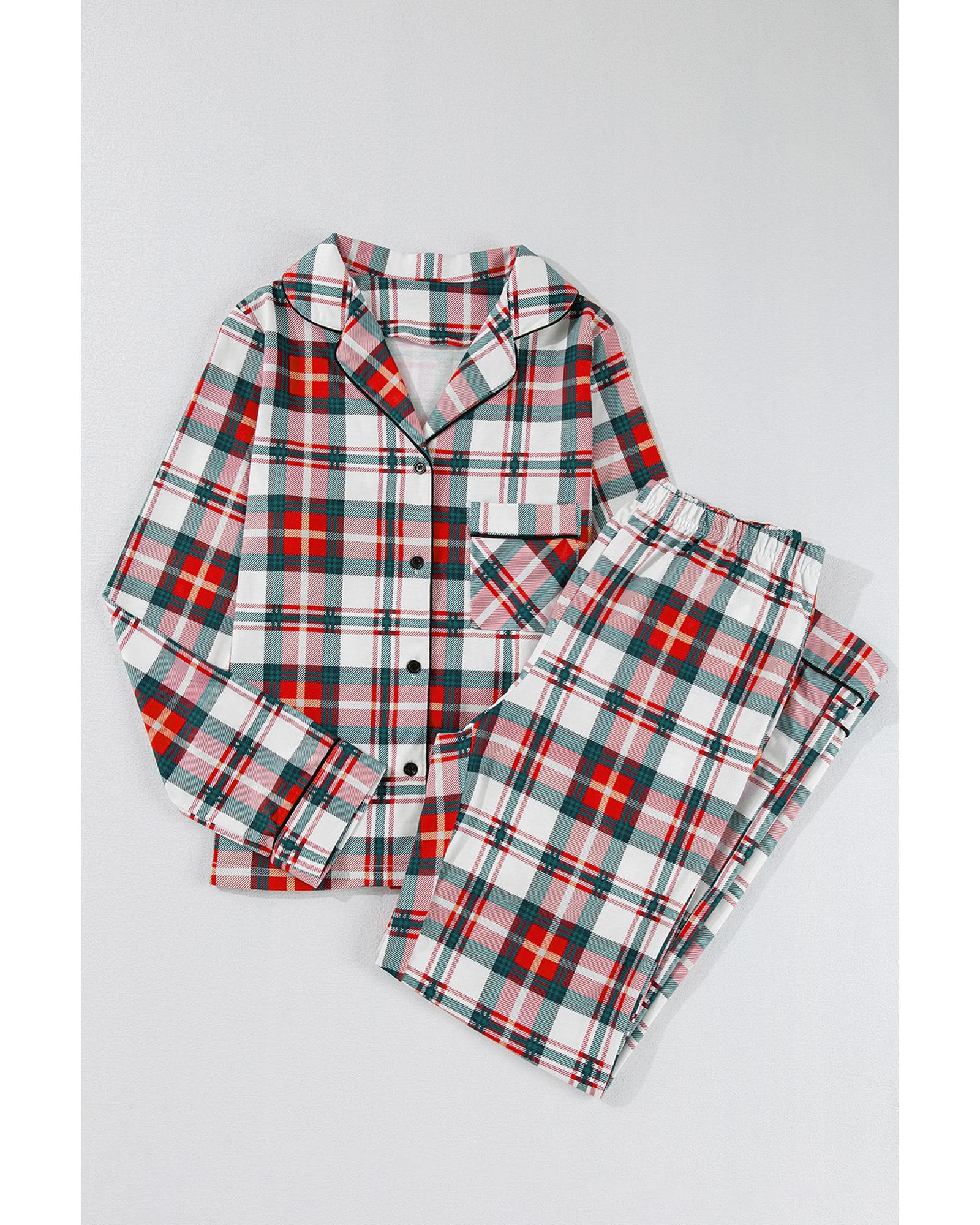 Red Christmas Plaid Print Two Piece Long Sleeve Pajamas Set - M 6