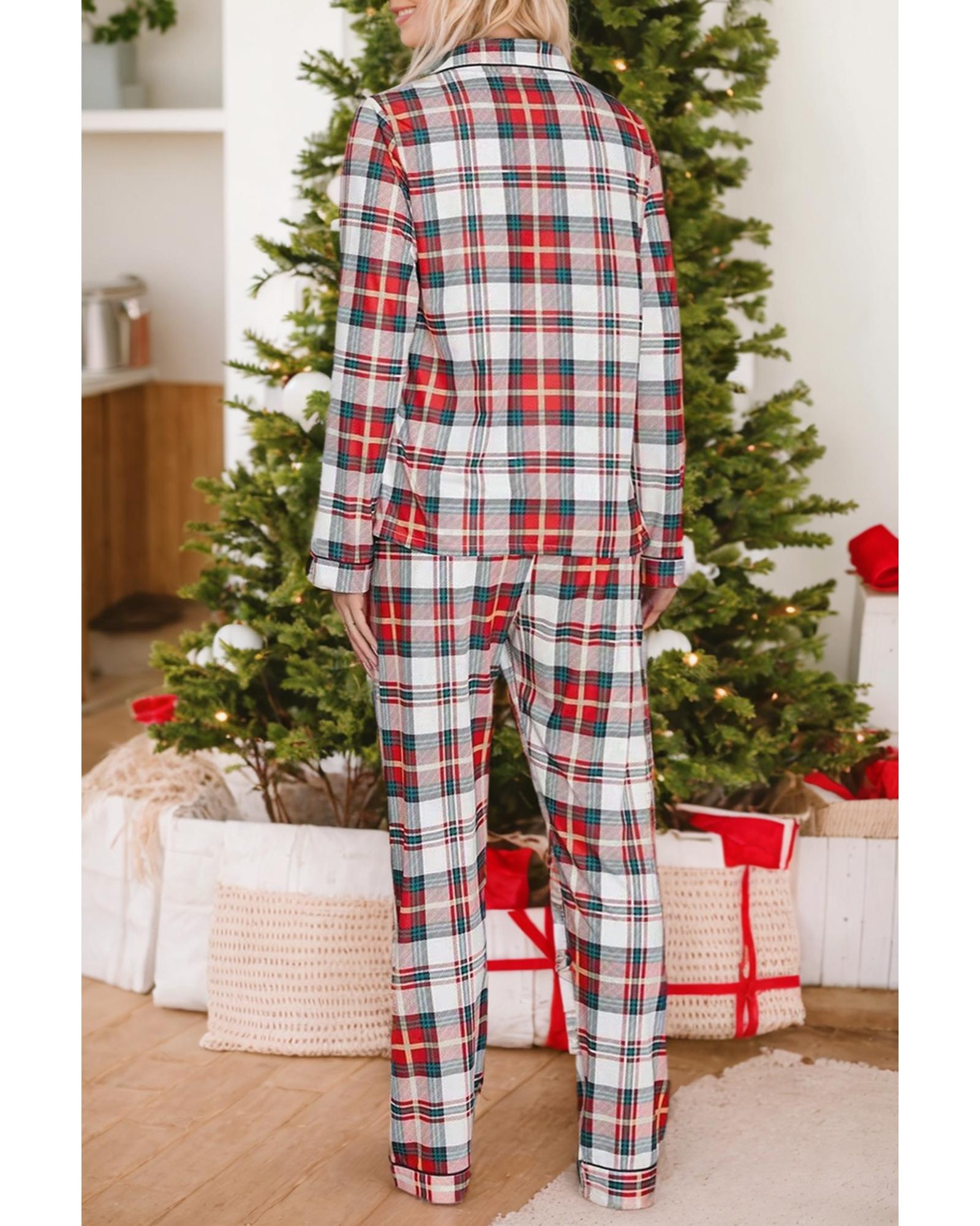 Red Christmas Plaid Print Two Piece Long Sleeve Pajamas Set - S 3