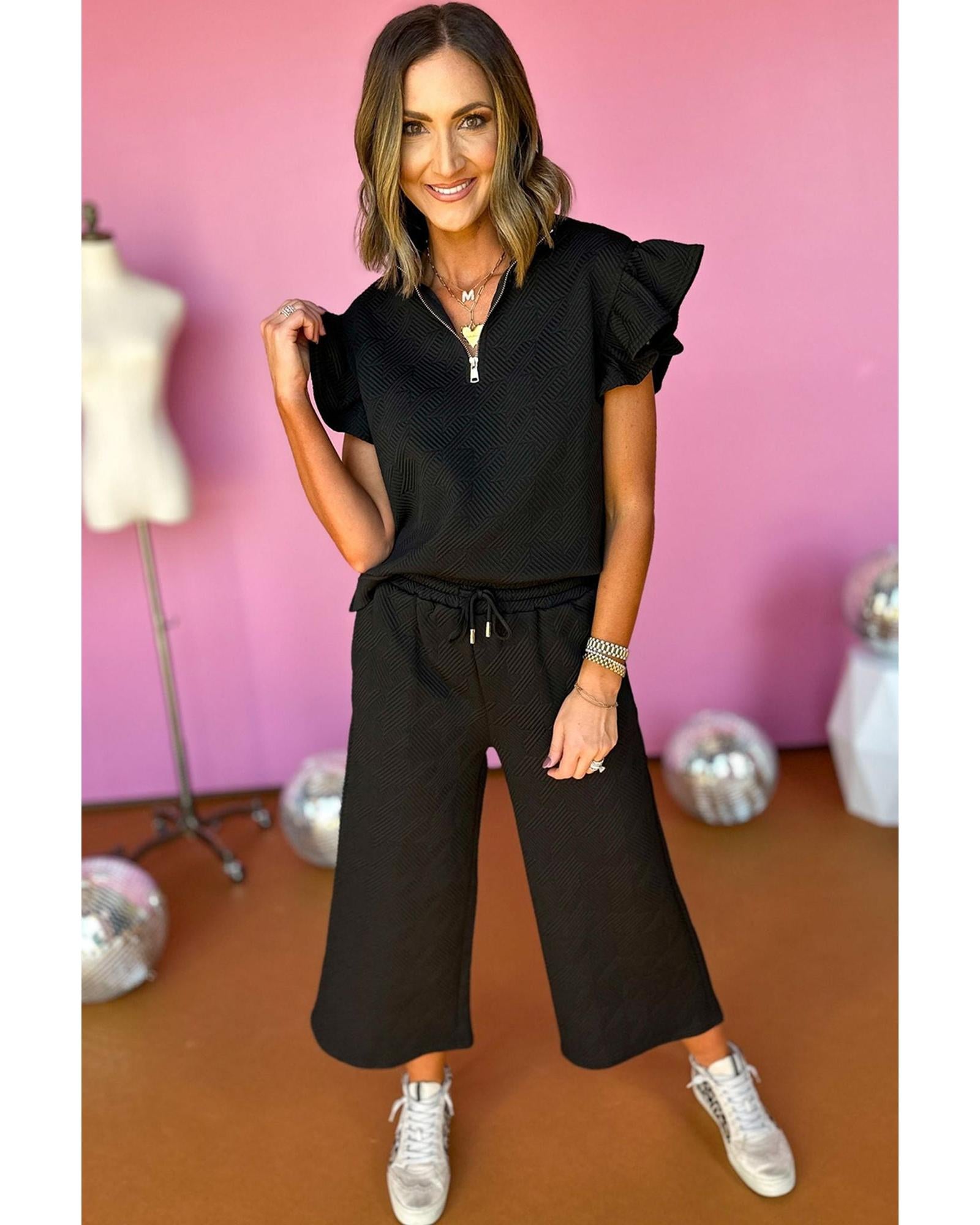 Black Textured Flutter Sleeve Top Wide Leg Pants Set - L
