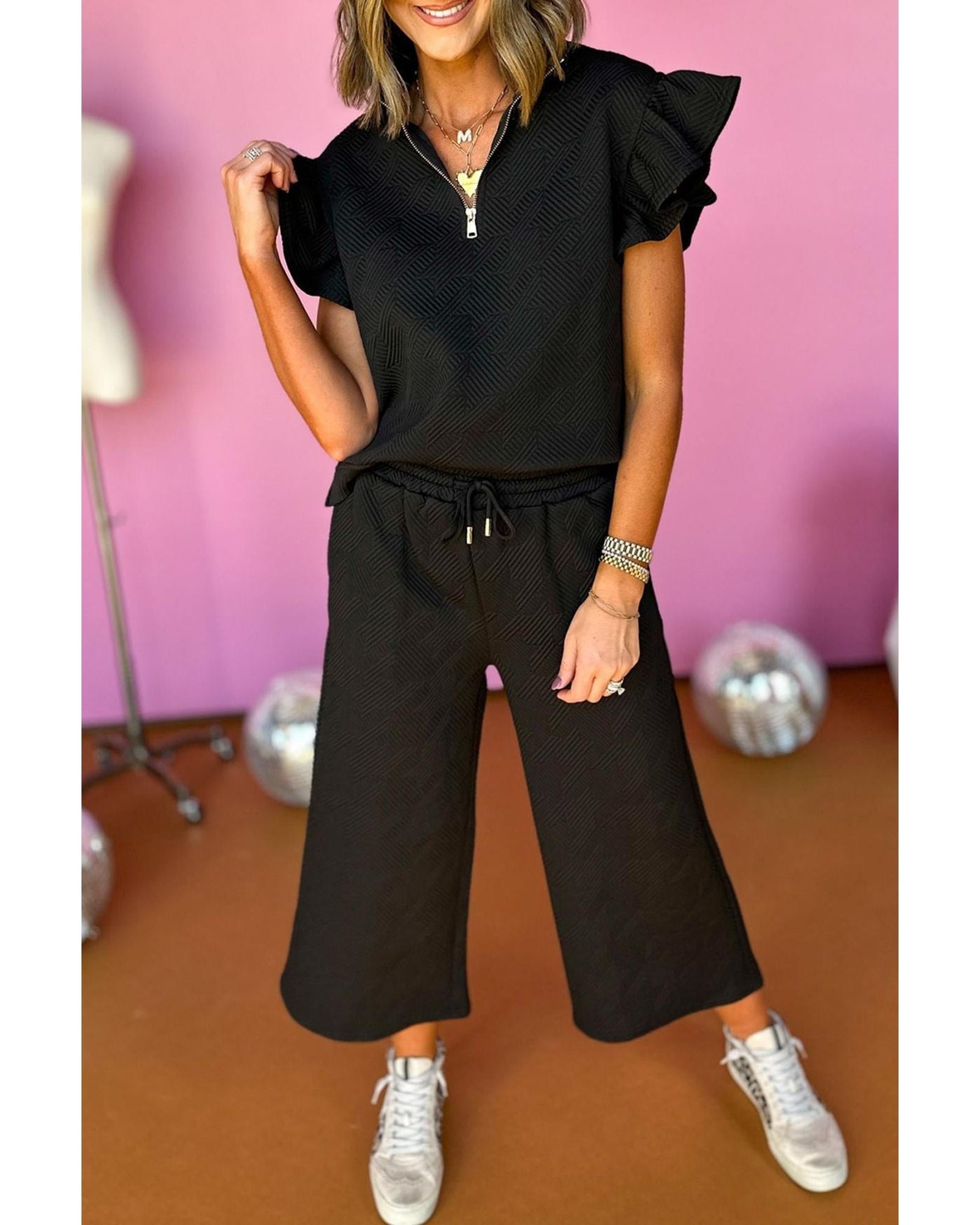 Black Textured Flutter Sleeve Top Wide Leg Pants Set - L 6