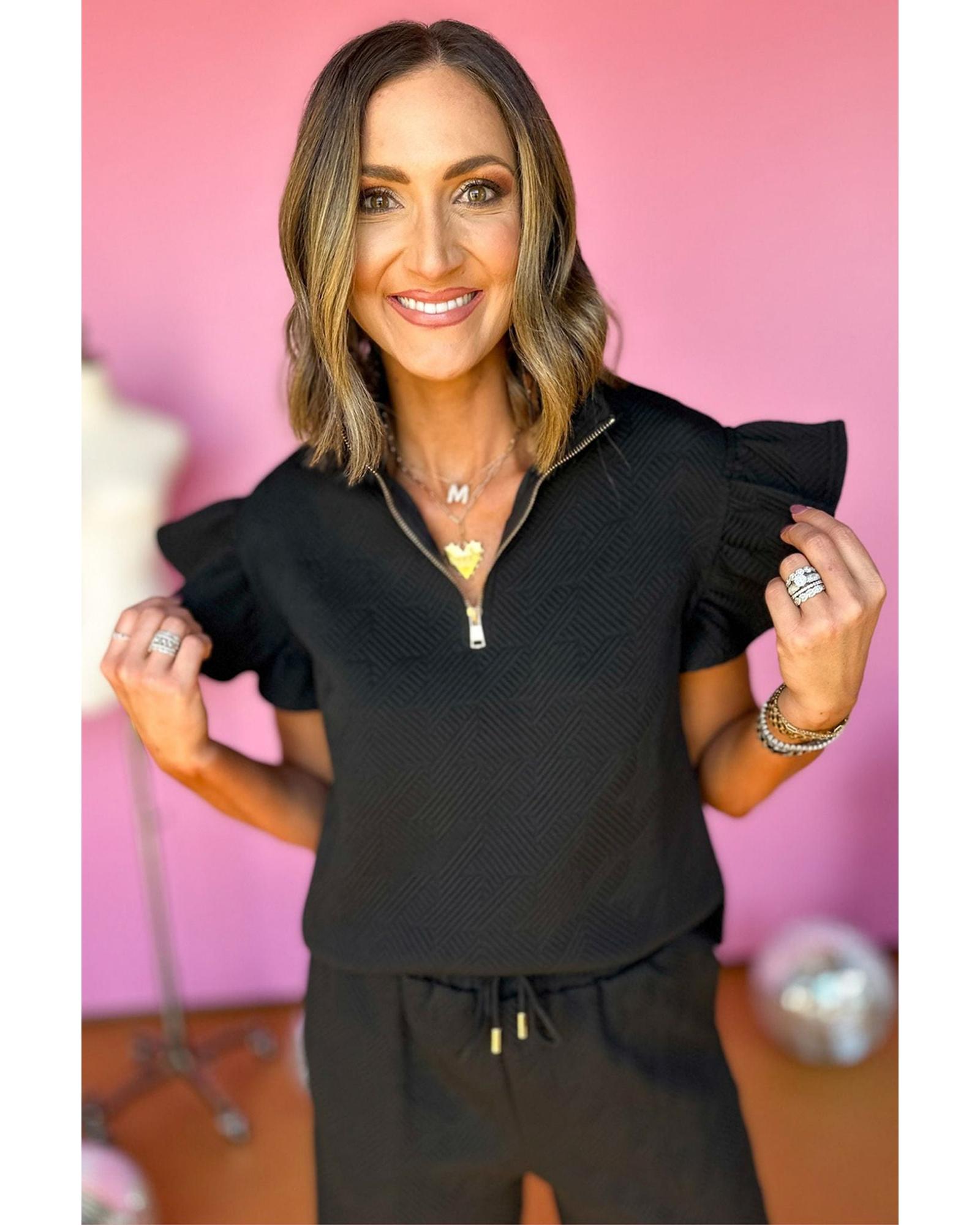Black Textured Flutter Sleeve Top Wide Leg Pants Set - M 3