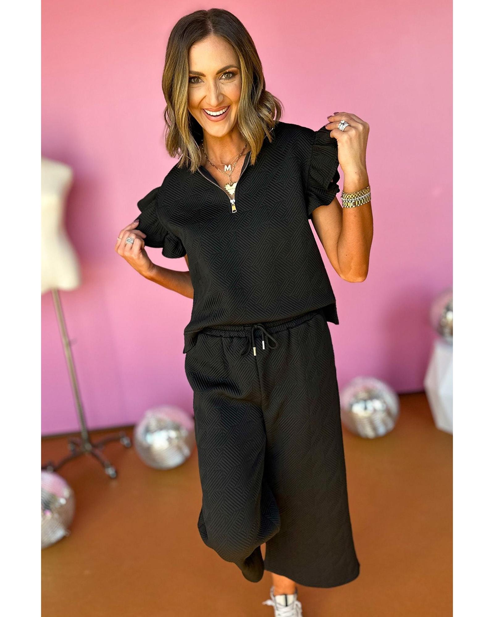 Black Textured Flutter Sleeve Top Wide Leg Pants Set - S