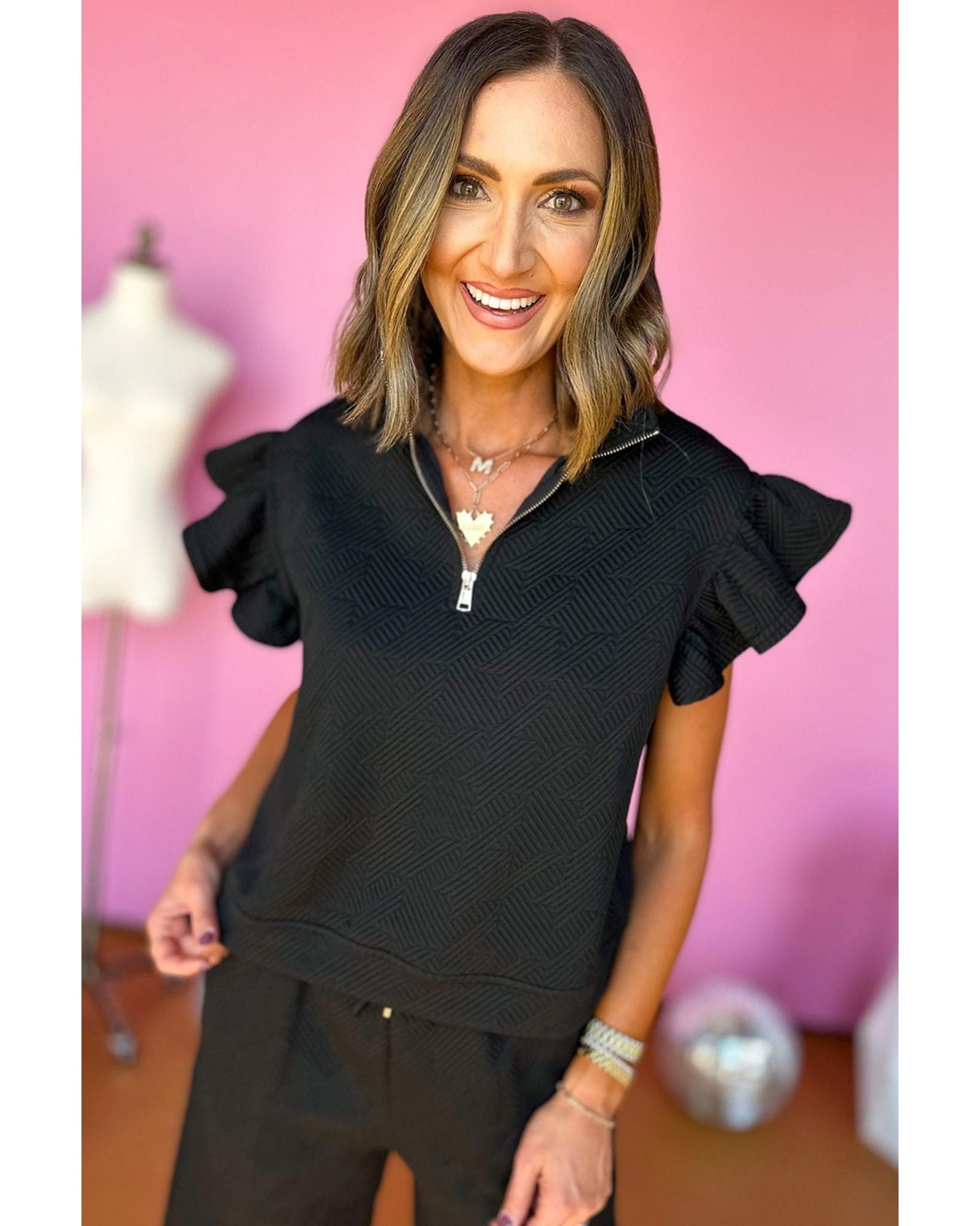 Black Textured Flutter Sleeve Top Wide Leg Pants Set - S 6