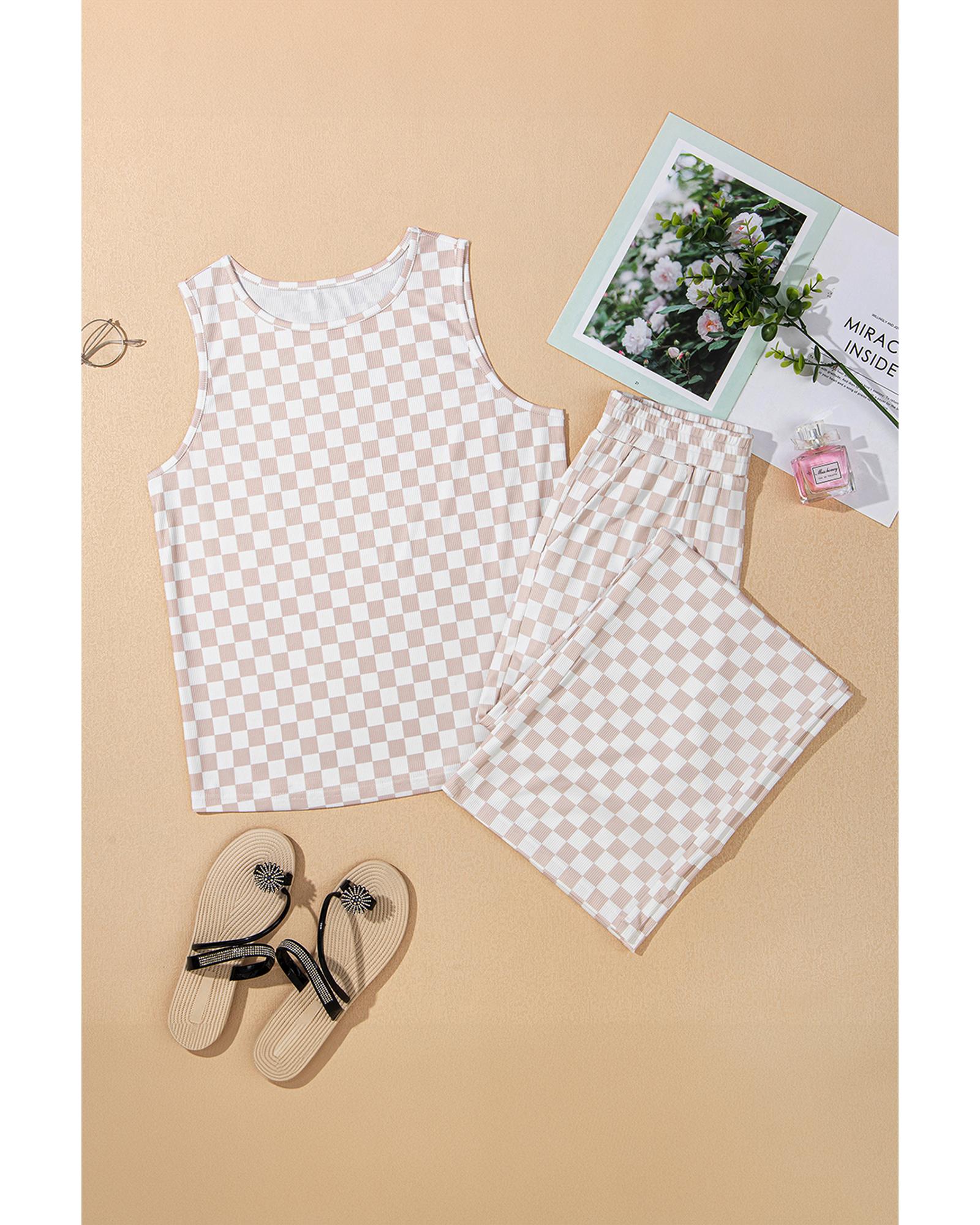 White Ribbed Texture Checkered Print 2pcs Tank and Pants Set - L 7